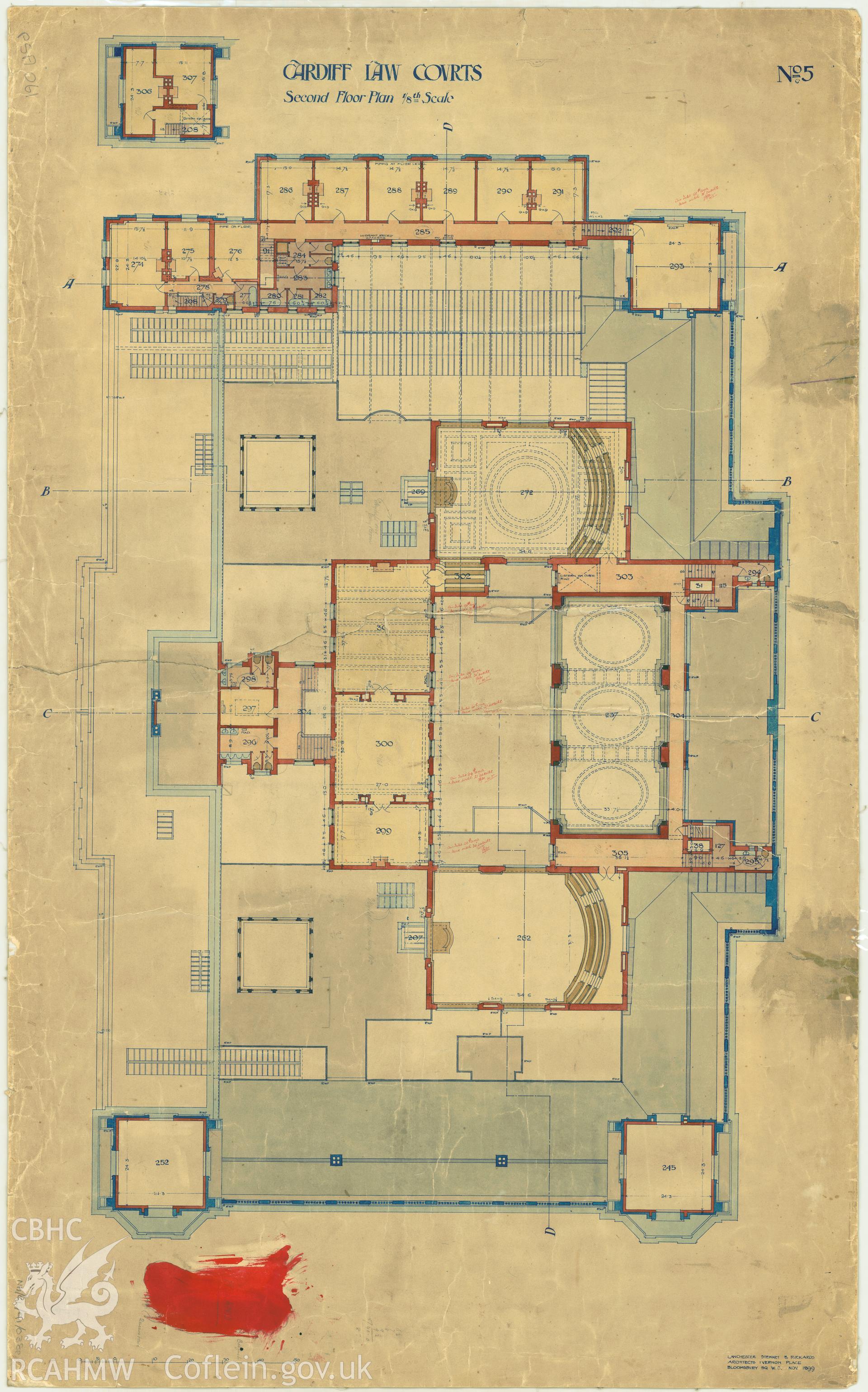 Law Court, Cathays Park, Cardiff; measured drawing showing second floor plan, produced by Lanchester Stewart and Rickards, 1899.