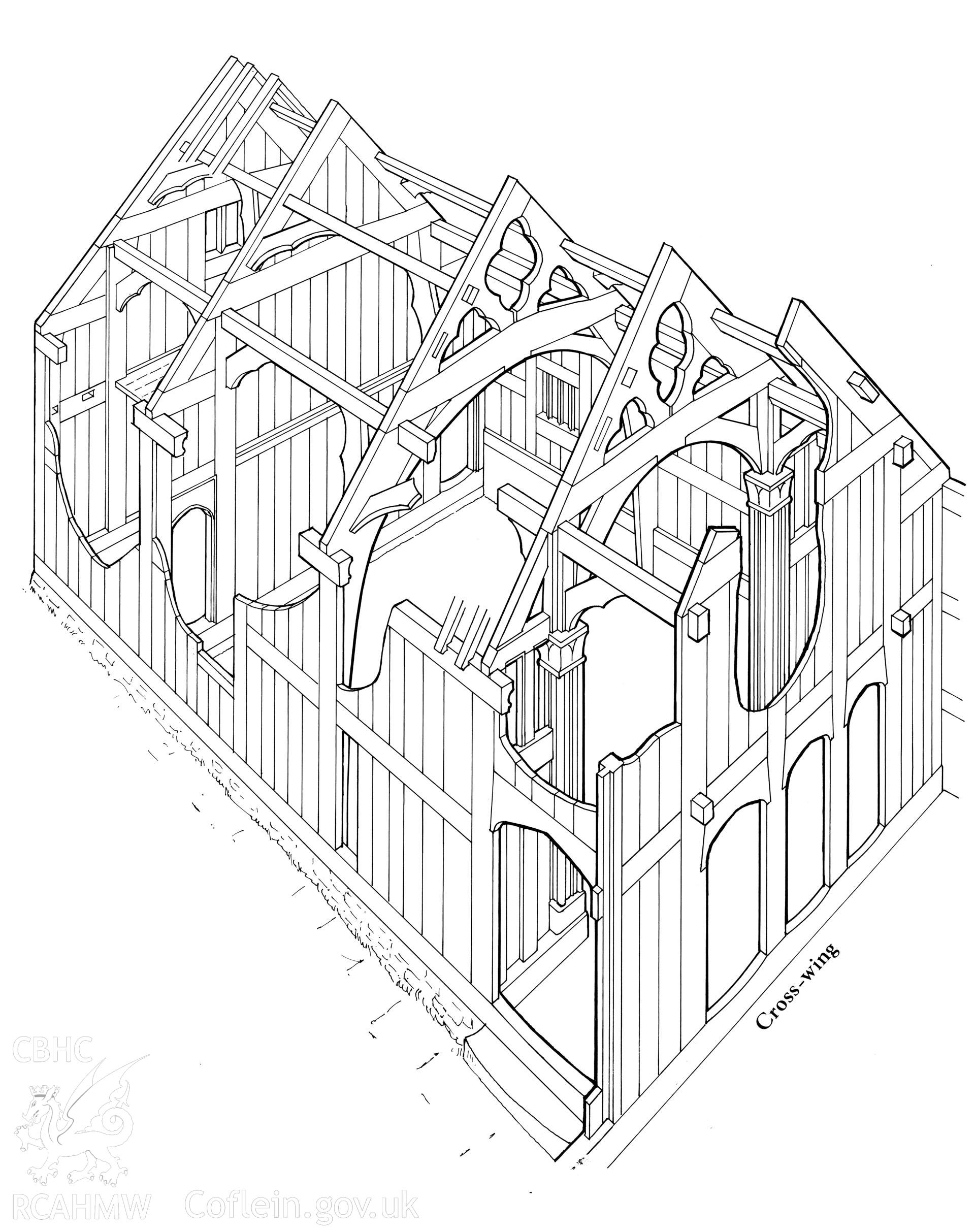 RCAHMW drawing showing cutaway of Pen y Bryn, Llansilin, published in Houses of the Welsh Countryside, fig 48.
