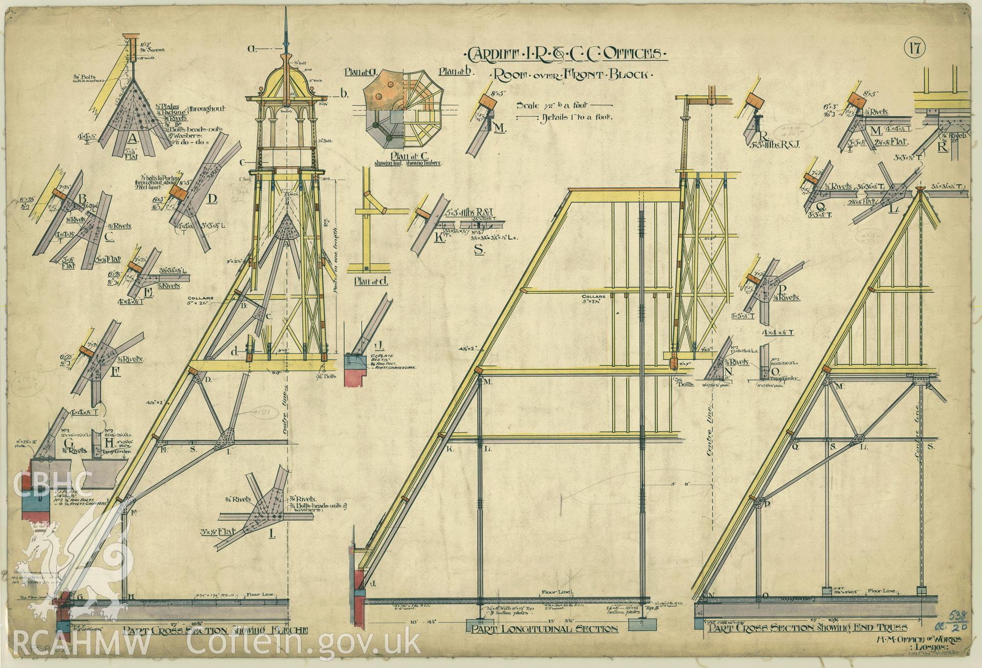 Cardiff Inland Revenue and County Court Offices; measured drawing showing detail of the roof over the front block, produced by H.M. Office of Works,  undated.