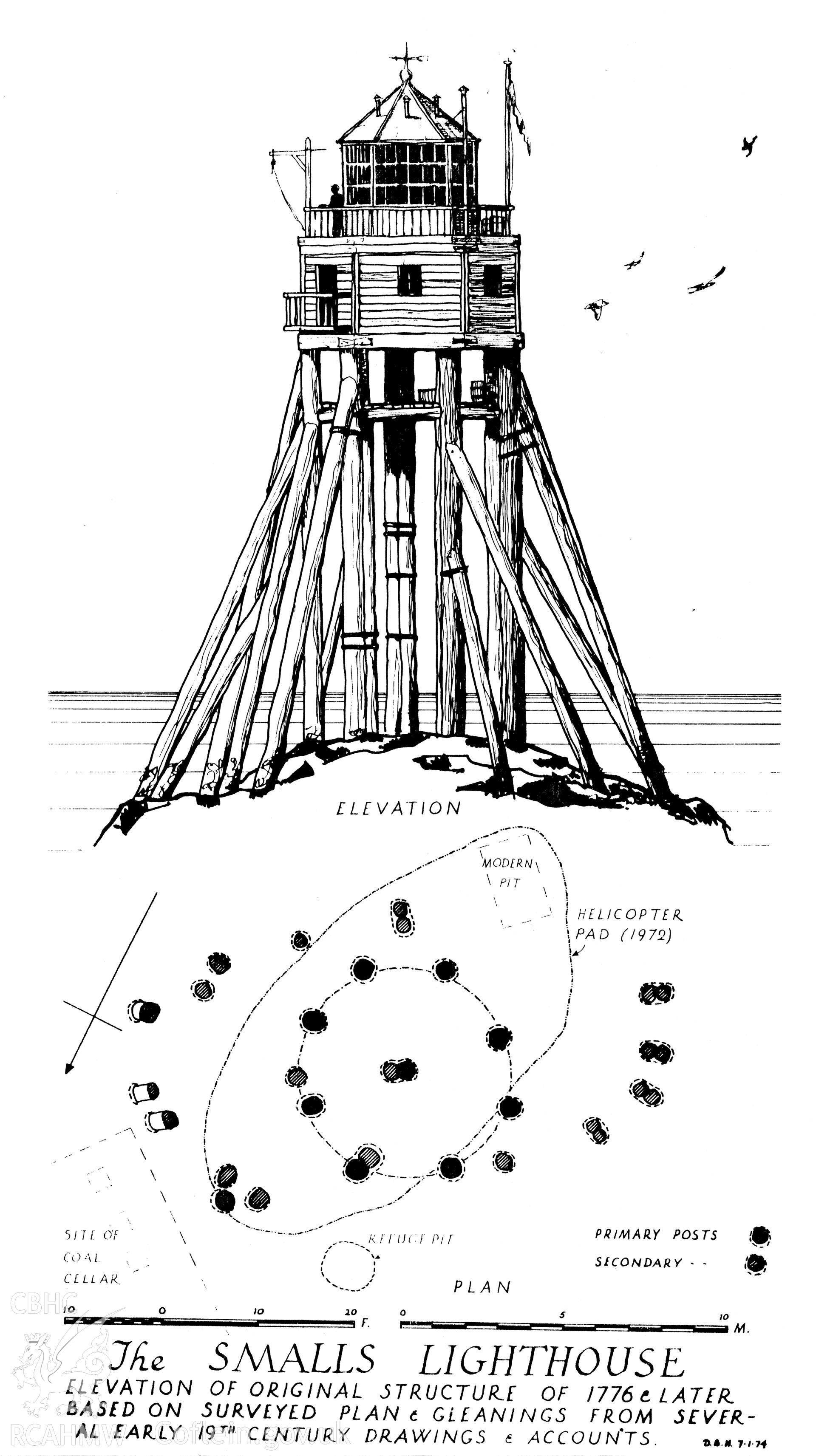 Copy of a drawing showing elevation of Smalls Lighthouse.