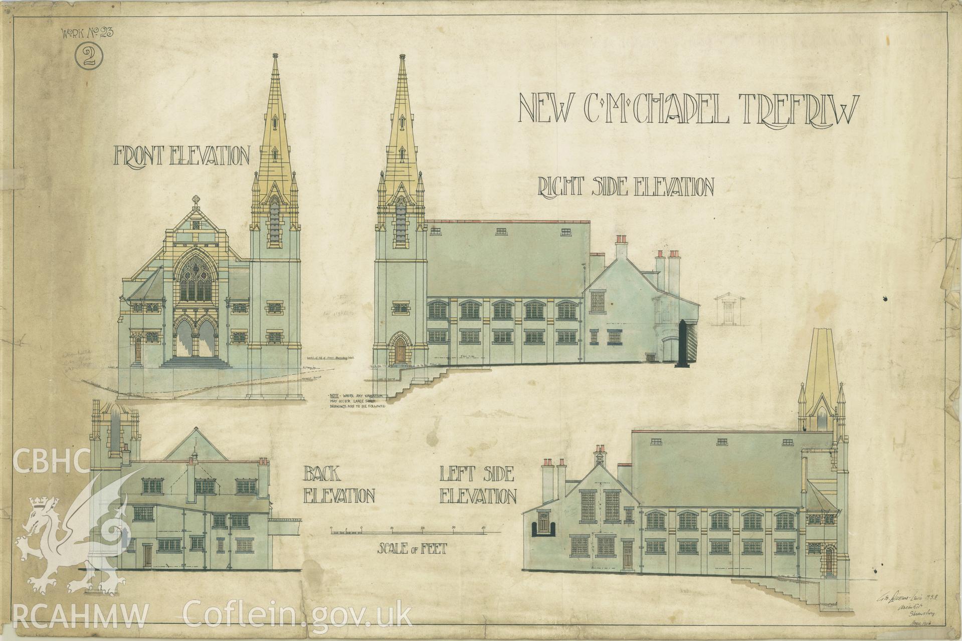 Digitized copy of a 1906 coloured drawing showing elevation views of Peniel Chapel, Trefriw produced by G. Dickens-Lewis, architect of Shrewsbury.