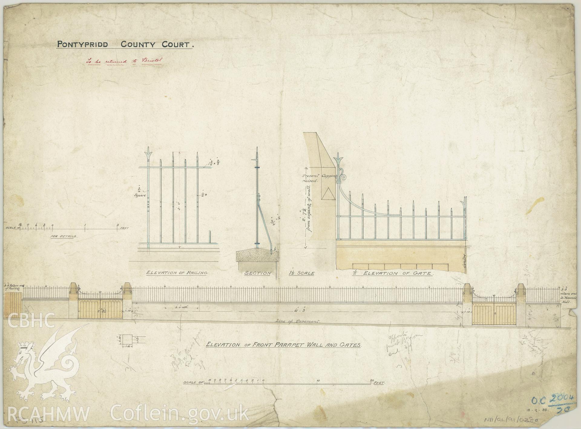 Court House, Pontypridd;  measured drawing showing elevation of front parapet wall and gates, produced by H.M. Office of Works, 1888.