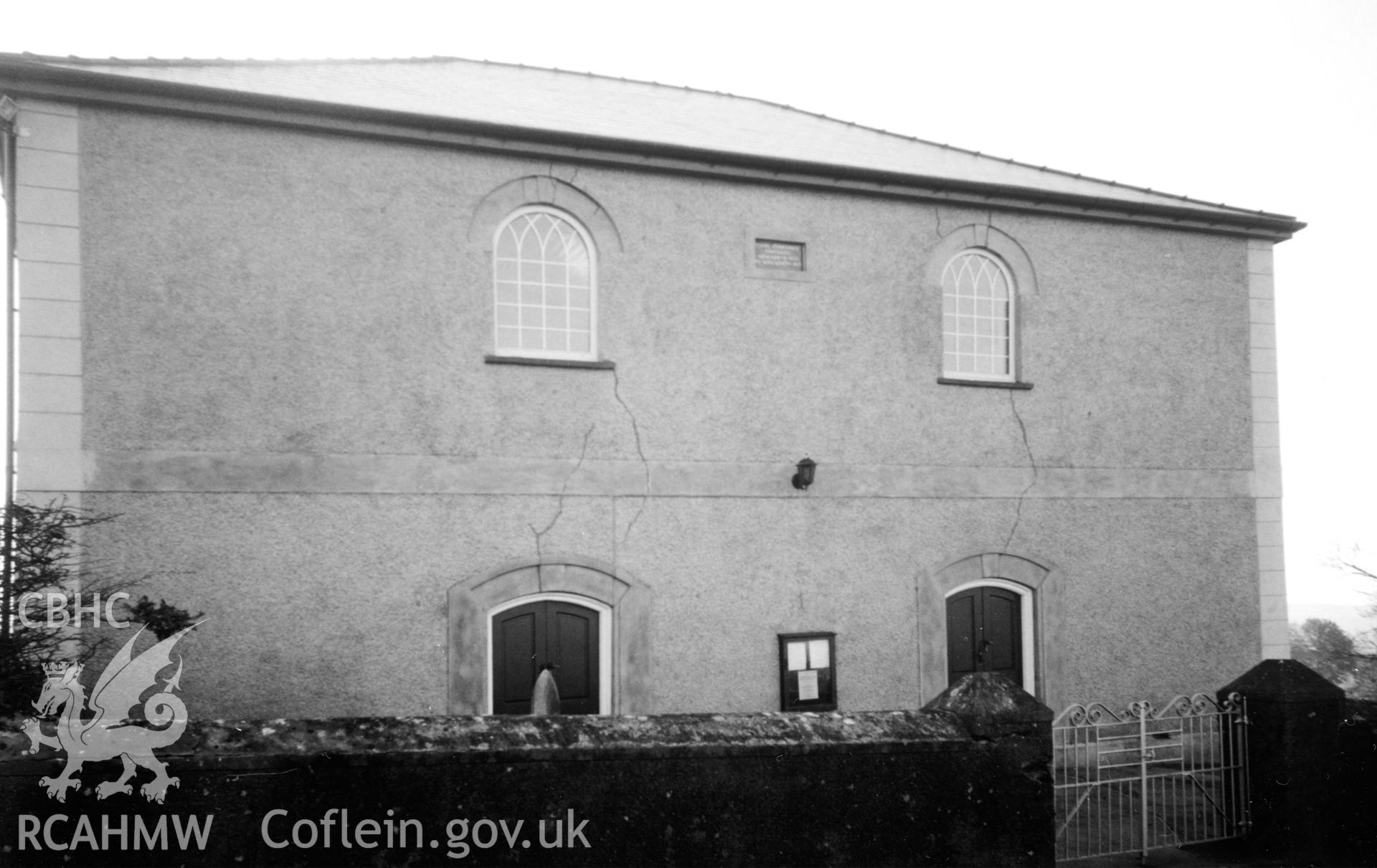 Digital copy of a black and white photograph showing an exterior view of Pen-y-graig Independent Chapel, Llandyfaelog, taken by Robert Scourfield, c.1996.