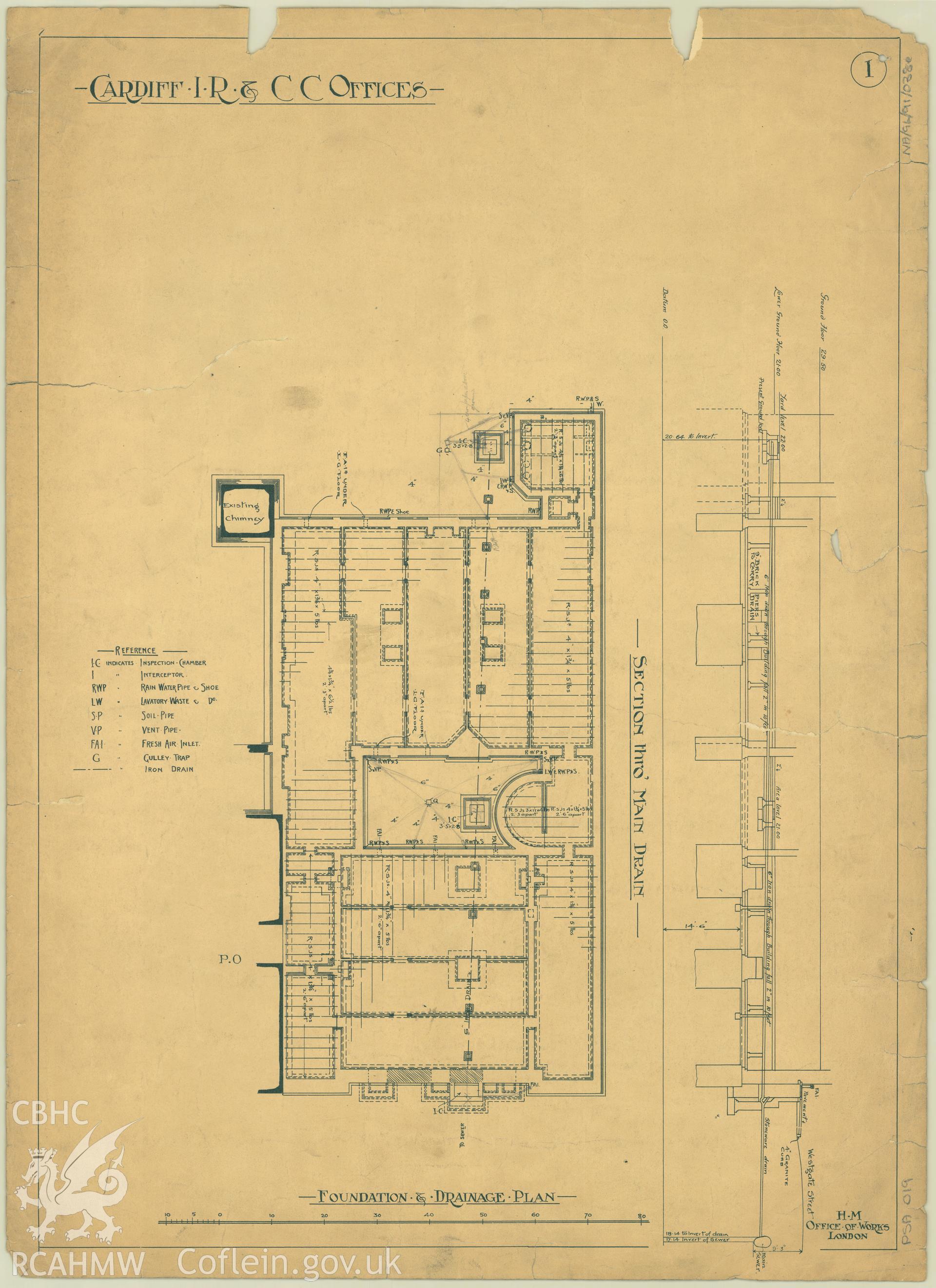 Cardiff Inland Revenue and County Court Offices; measured drawing showing foundation and drainage plan, produced by H.M. Office of Works,  undated.