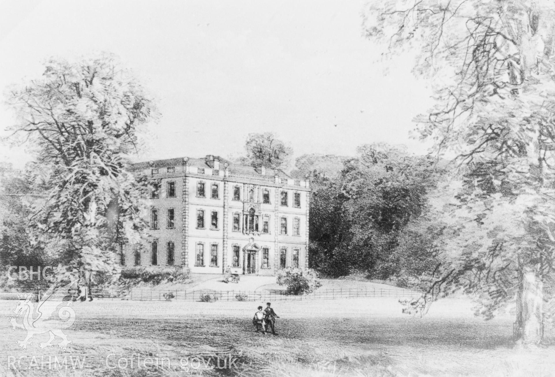 Copy of black and white image of Glanbran. Copied from original illustration from sales particulars loaned by Thomas Lloyd.