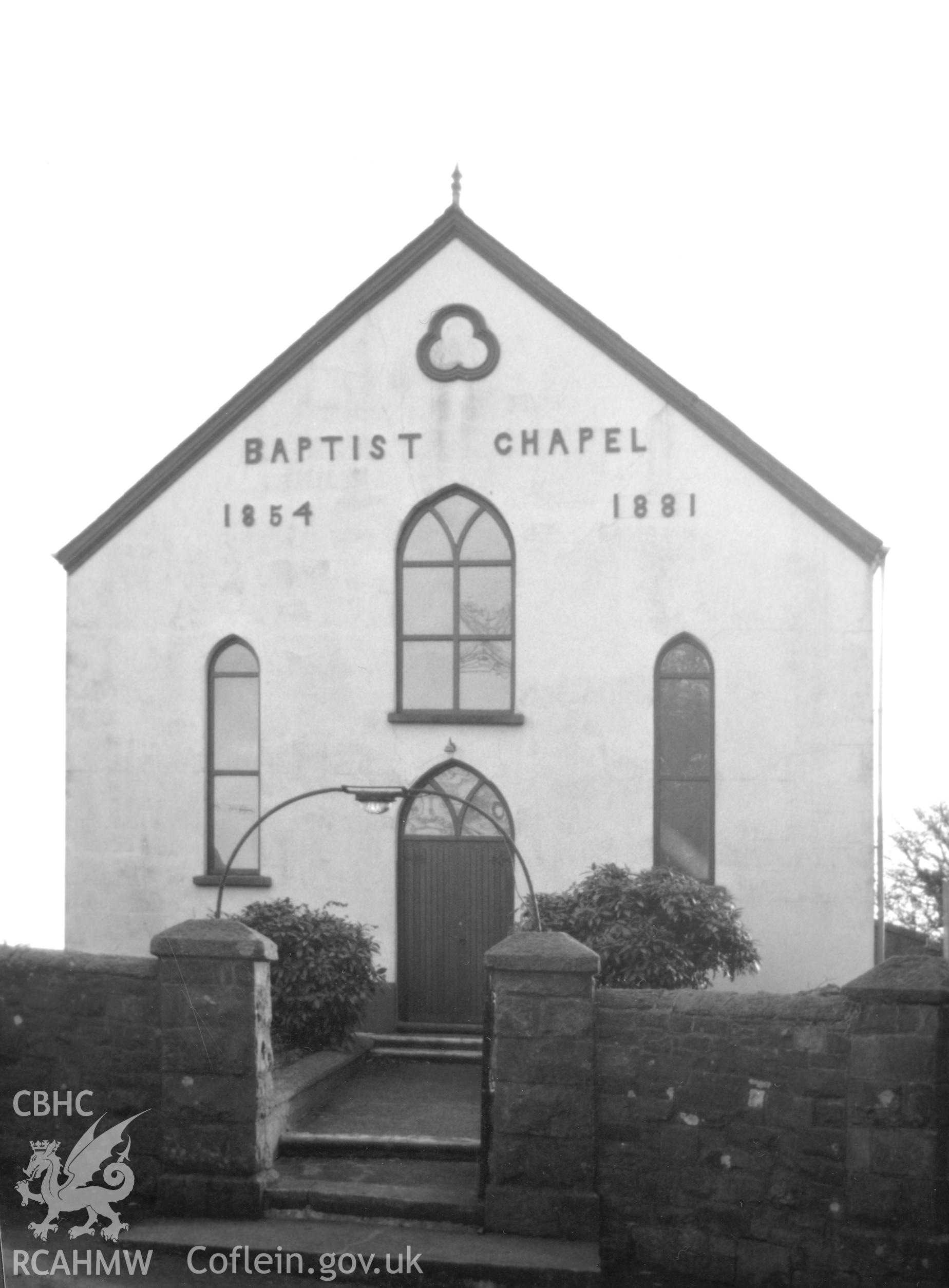 Digital copy of a black and white photograph showing an exterior view of the Hebron English Baptist Chapel, Saundersfoot, taken by Robert Scourfield, c.1996.
