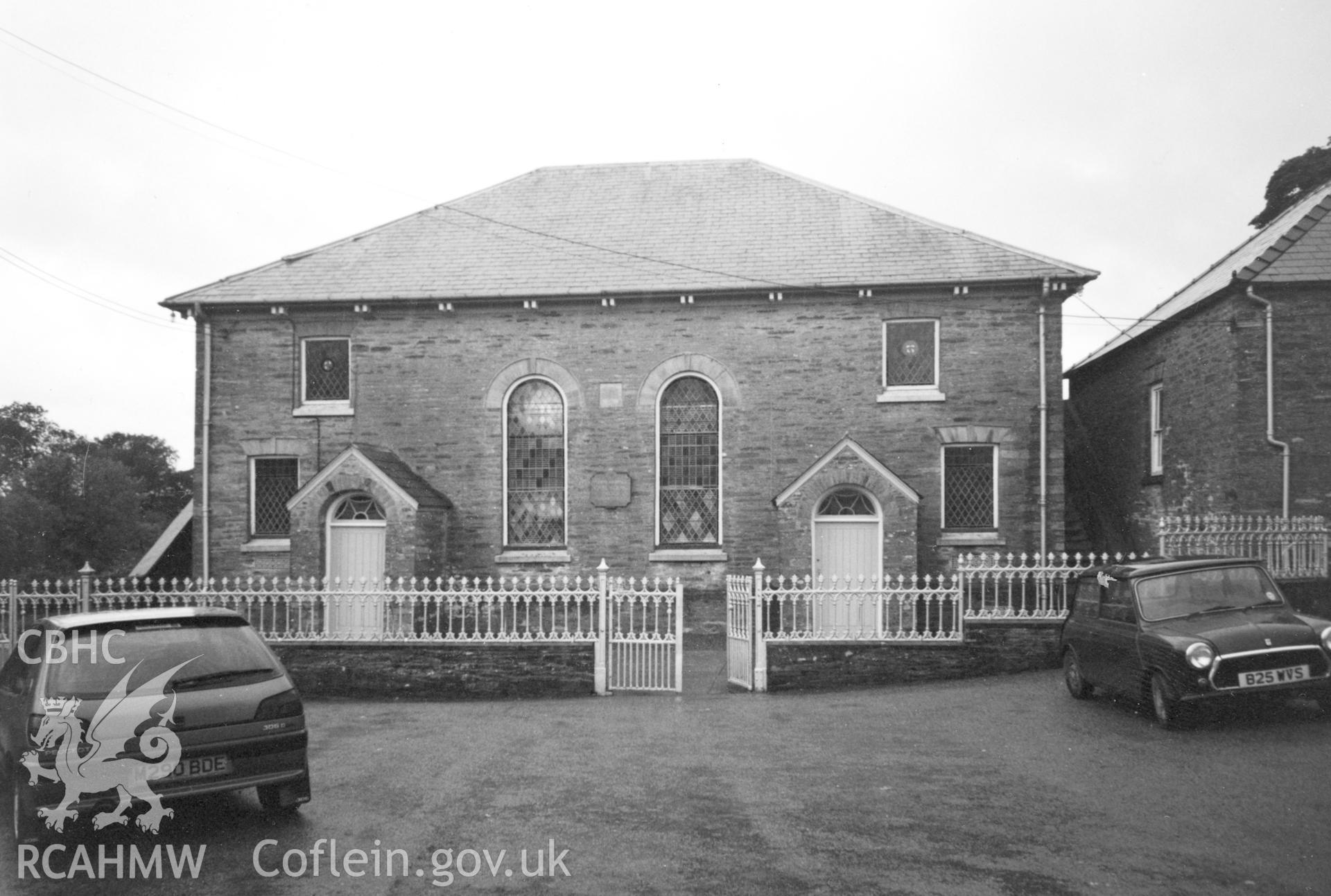 Digital copy of a black and white photograph showing an exterior view of Capel y Graig Independent Chapel, Rhydwenog, taken by Robert Scourfield, c.1996.