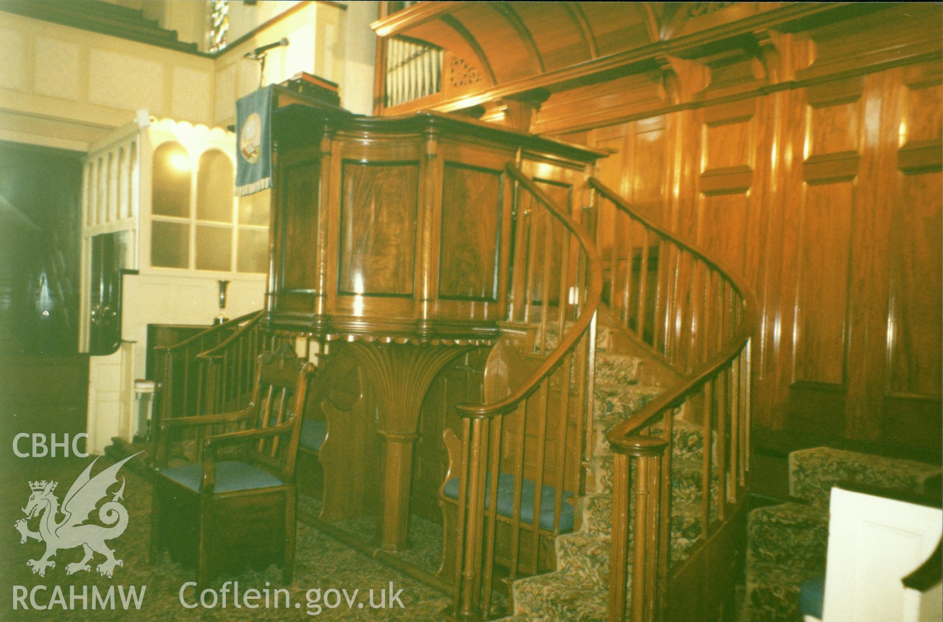 Digital copy of a colour photograph showing an interior view of Capel Heol y Dwr, Carmarthen, taken by Robert Scourfield, undated.