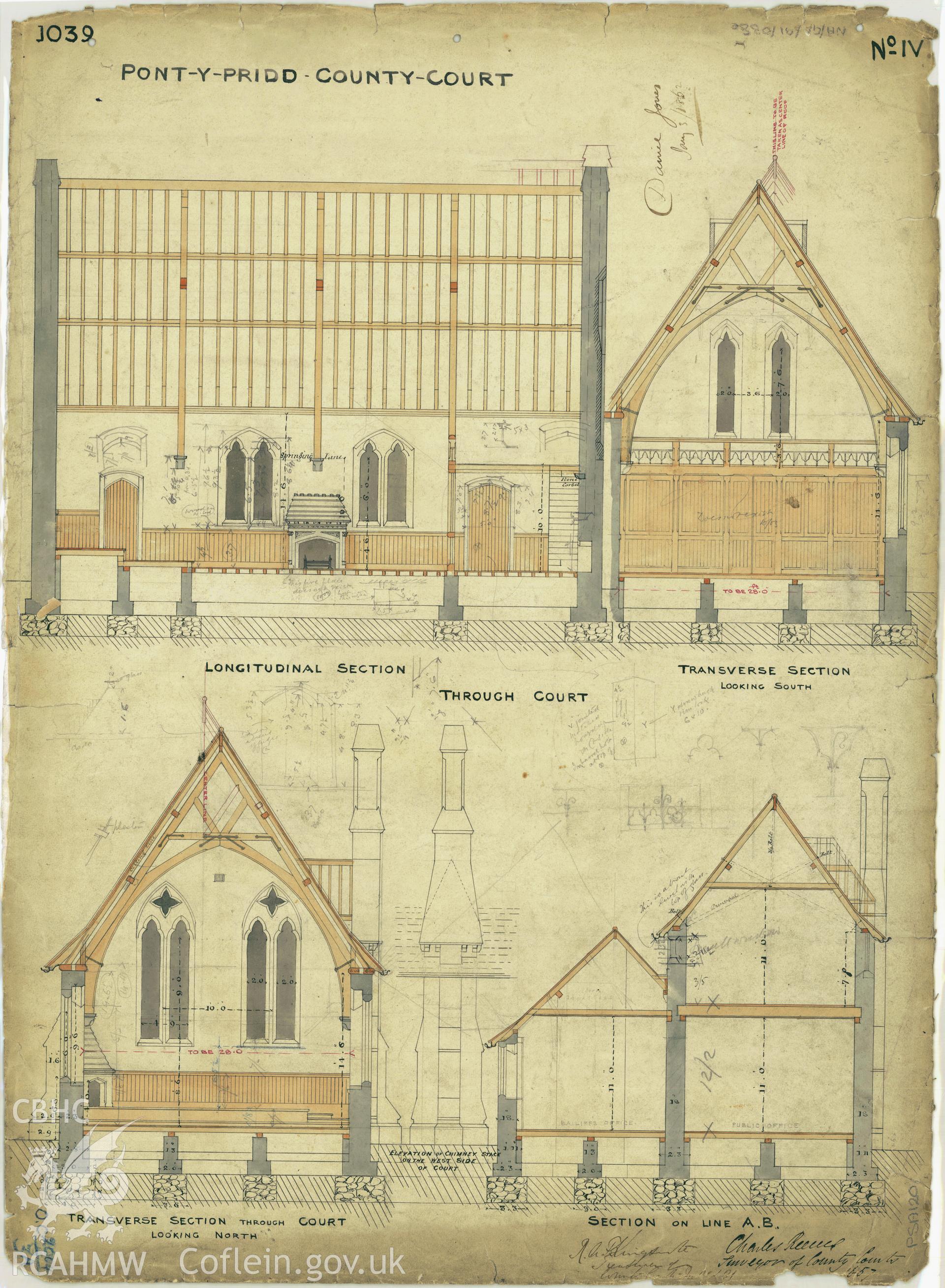 Court House, Pontypridd;  measured drawing showing section views, produced by Charles Reeves for H.M. Office of Works, 1857.