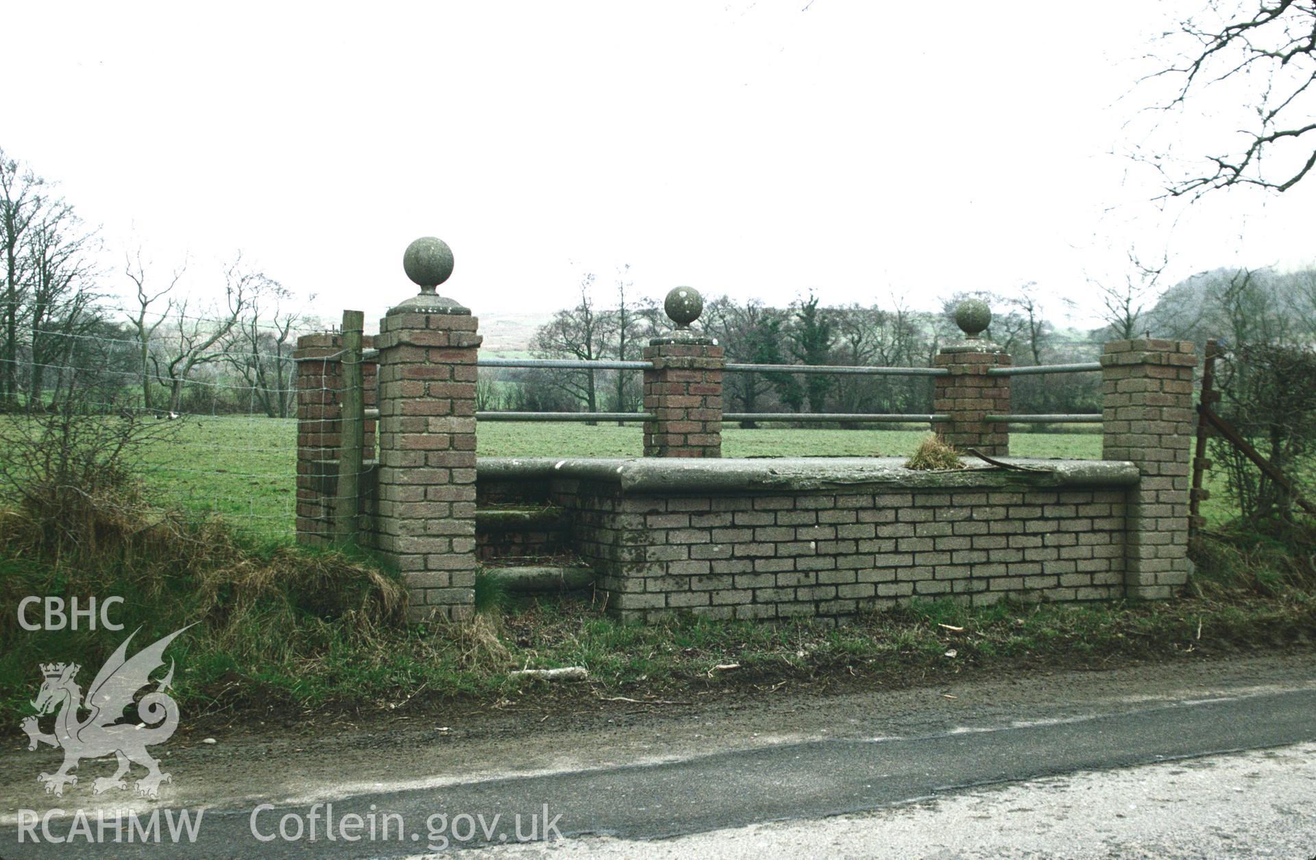 Milk Churn Stand at Abbey Farm, Ystrad Fflur; colour slide produced by Brian Malaws, 1993