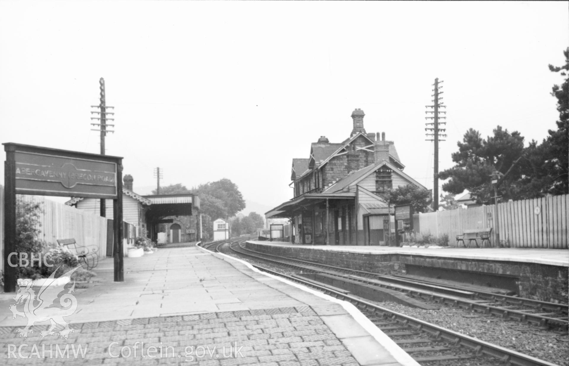 Black and white photograph showing  Abergavenny Railway Station (Brecon Road) dated 1957. From Rokeby Album VII, no 2d.