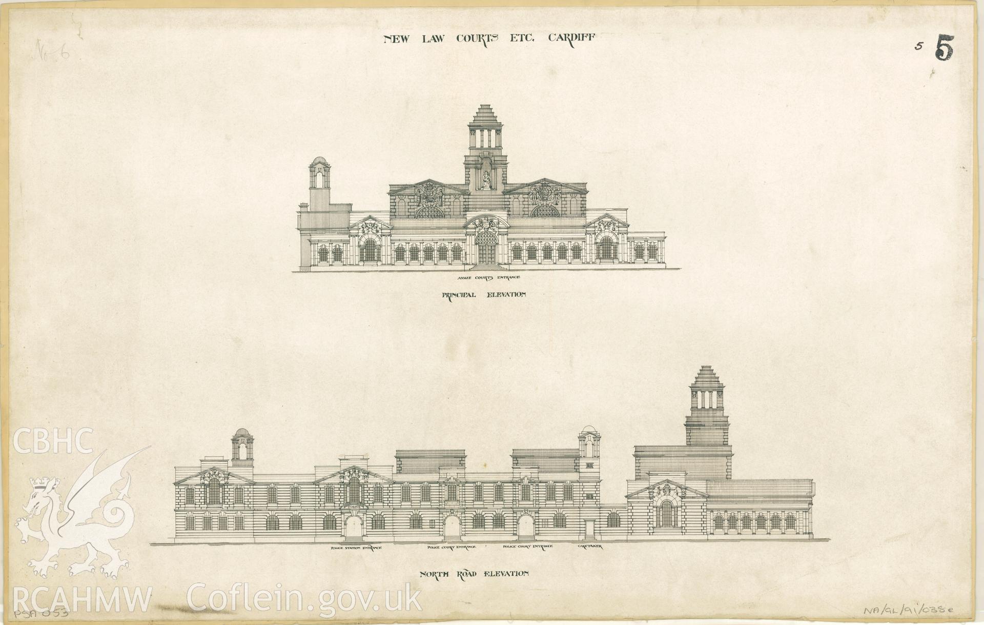 Law Court, Cathays Park, Cardiff; measured drawing showing proposed elevation views, submitted as  an entry in the 1897 competition to produce a design for the new Law Court.