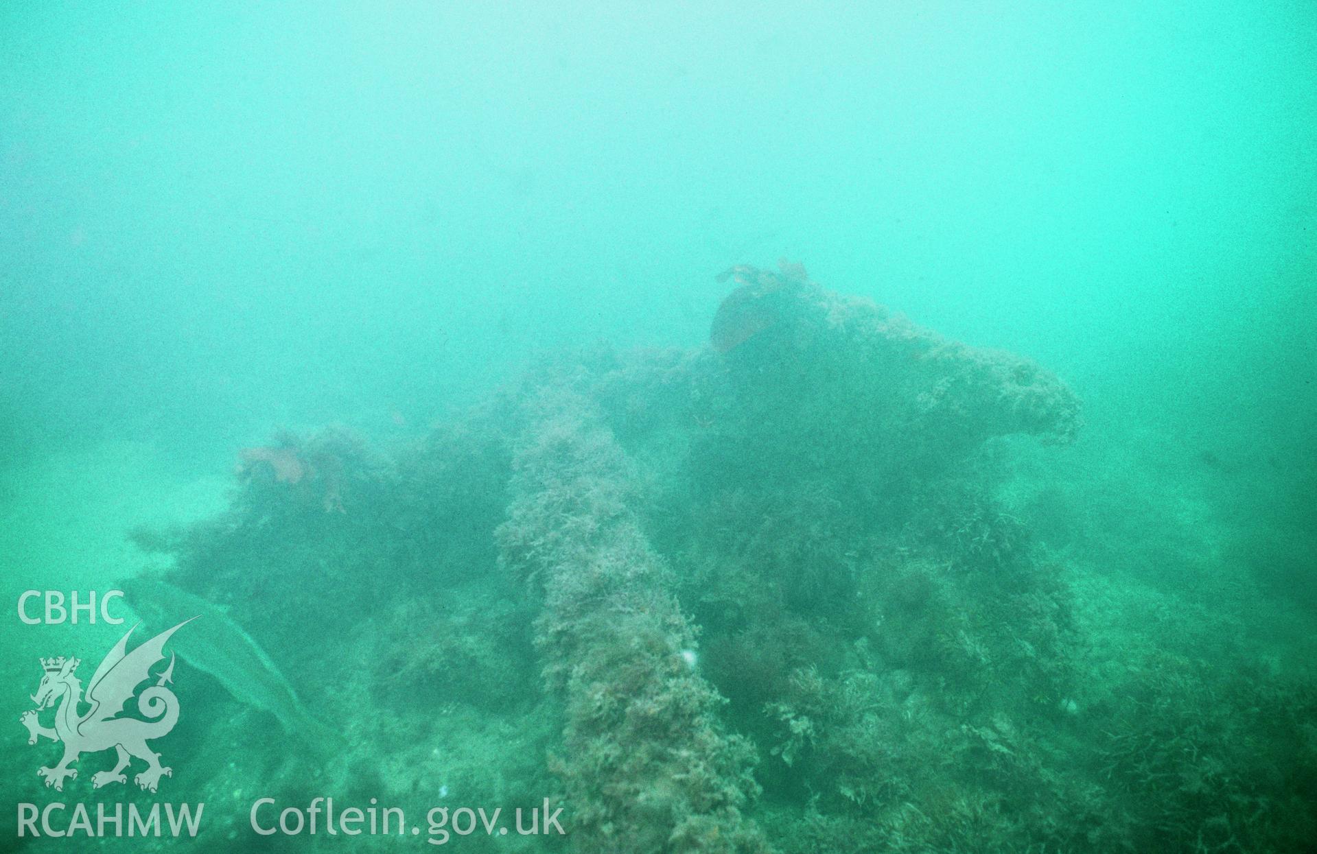 View showing flukes of the ship's iron anchor, one of a set of 41 colour slides from an underwater survey of the Tal-y-Bont designated shipwreck, carried out by the Archaeological Diving Unit.