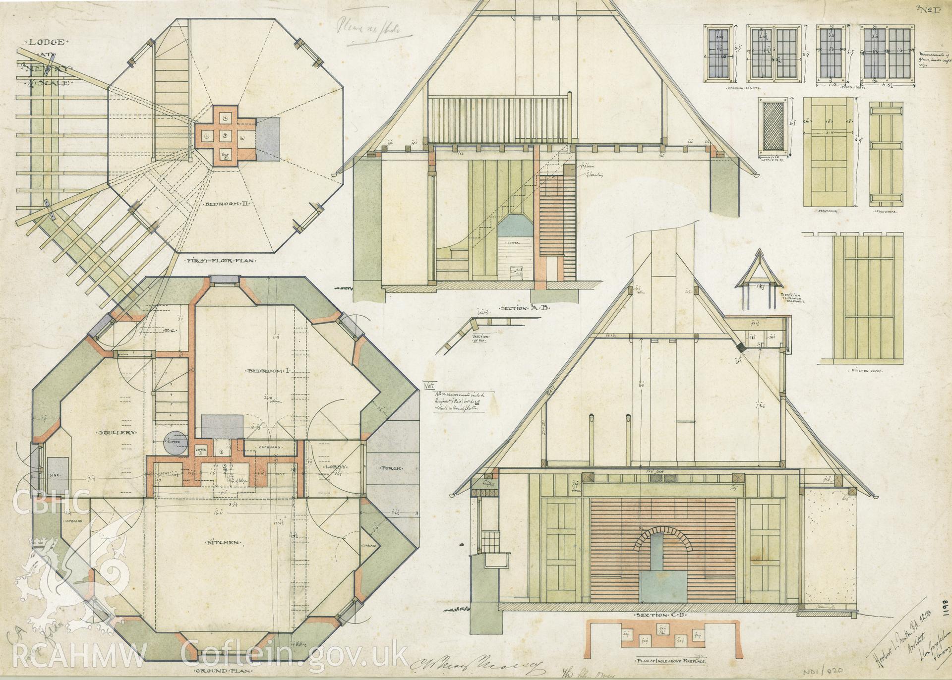 Plans, sections and detail drawings of the lodge (NPRN: 469) at Newry, scale two feet to one inch, ink with colour wash on paper.