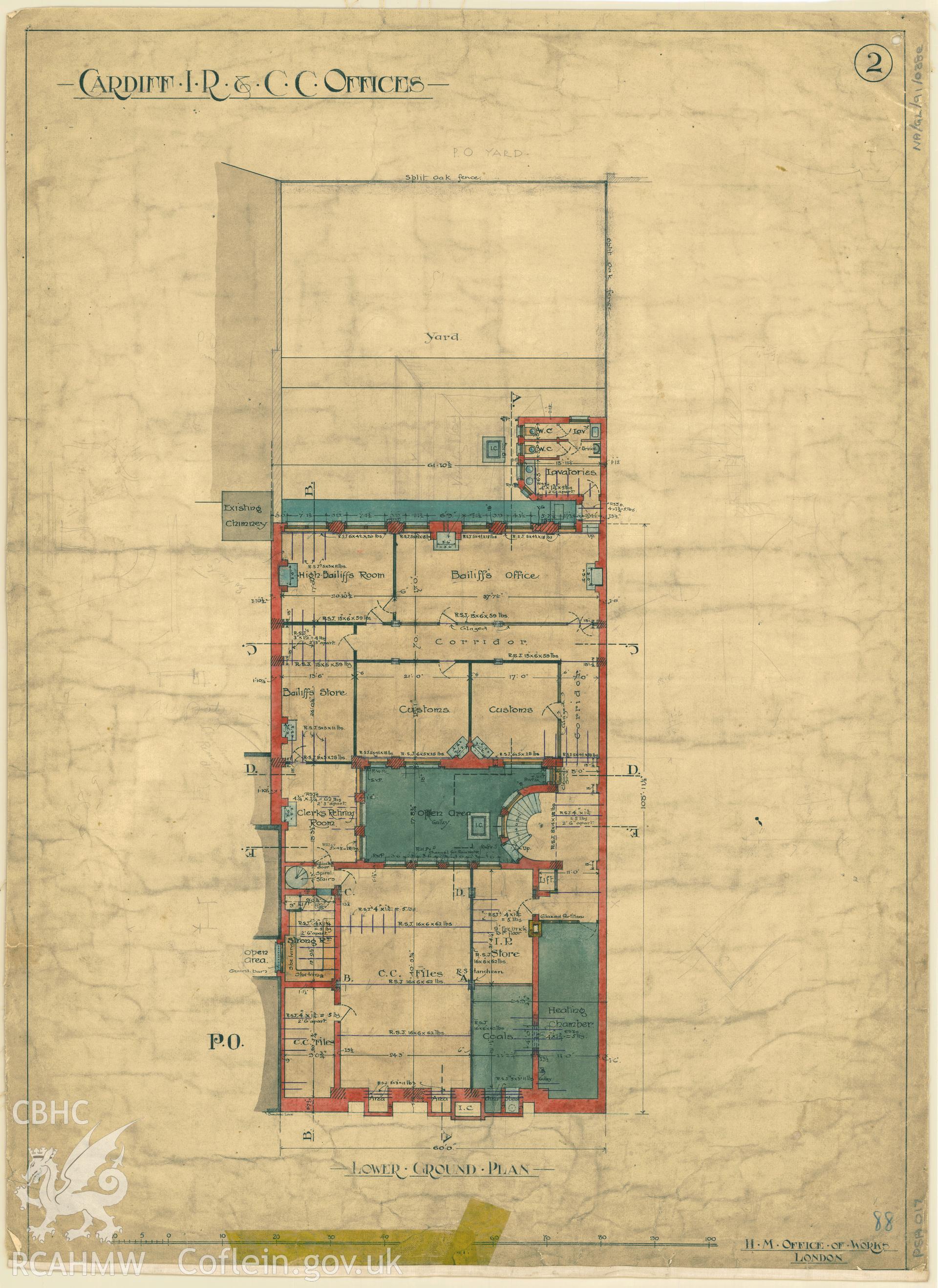 Cardiff Inland Revenue and County Court Offices; measured drawing showing lower ground floor plan, produced by H.M. Office of Works,  undated.