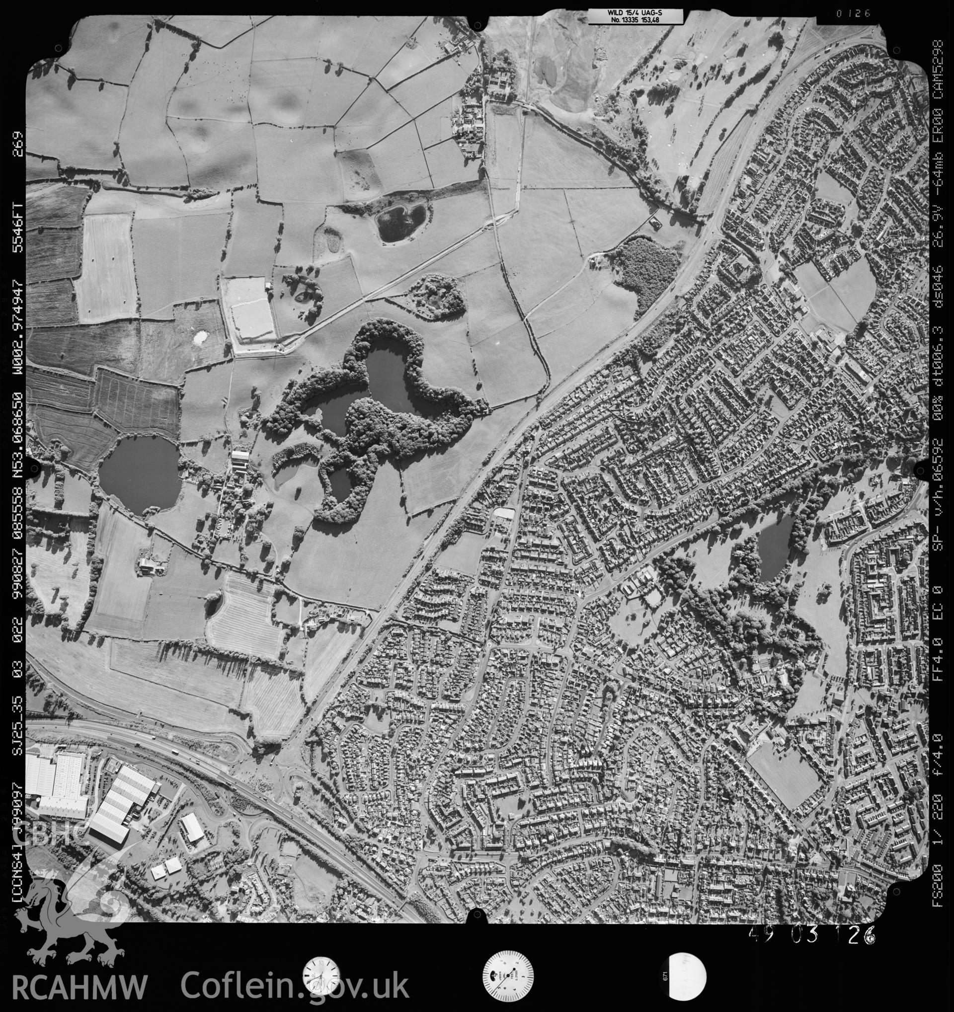 Digitized copy of an aerial photograph showing the gardens at Pant yr Ochain, Wrexham,  taken by Ordnance Survey, 1999