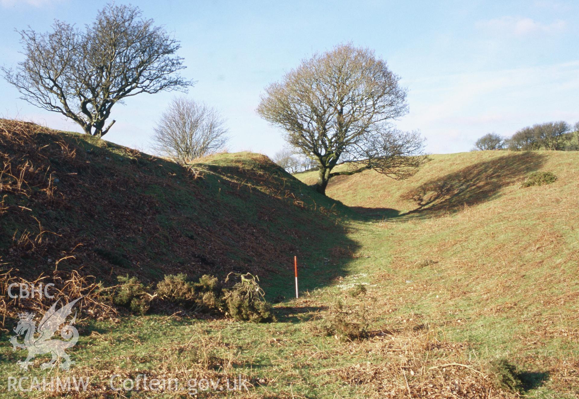 Colour slide taken by Toby Driver showing the inner ramparts at Castell Tregaron.