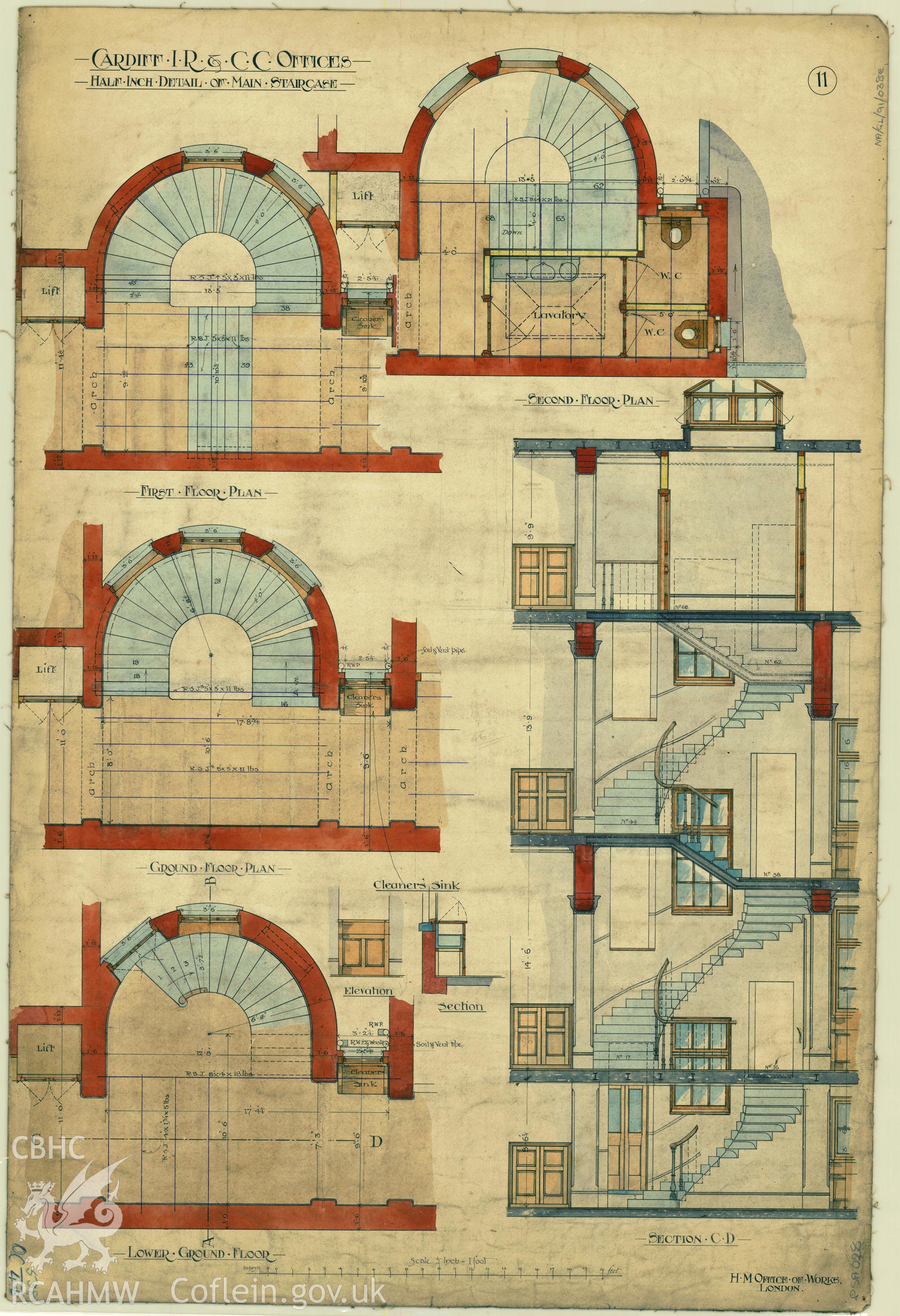Cardiff Inland Revenue and County Court Offices; measured drawing showing detail of the main staircase, produced by H.M. Office of Works,  undated.