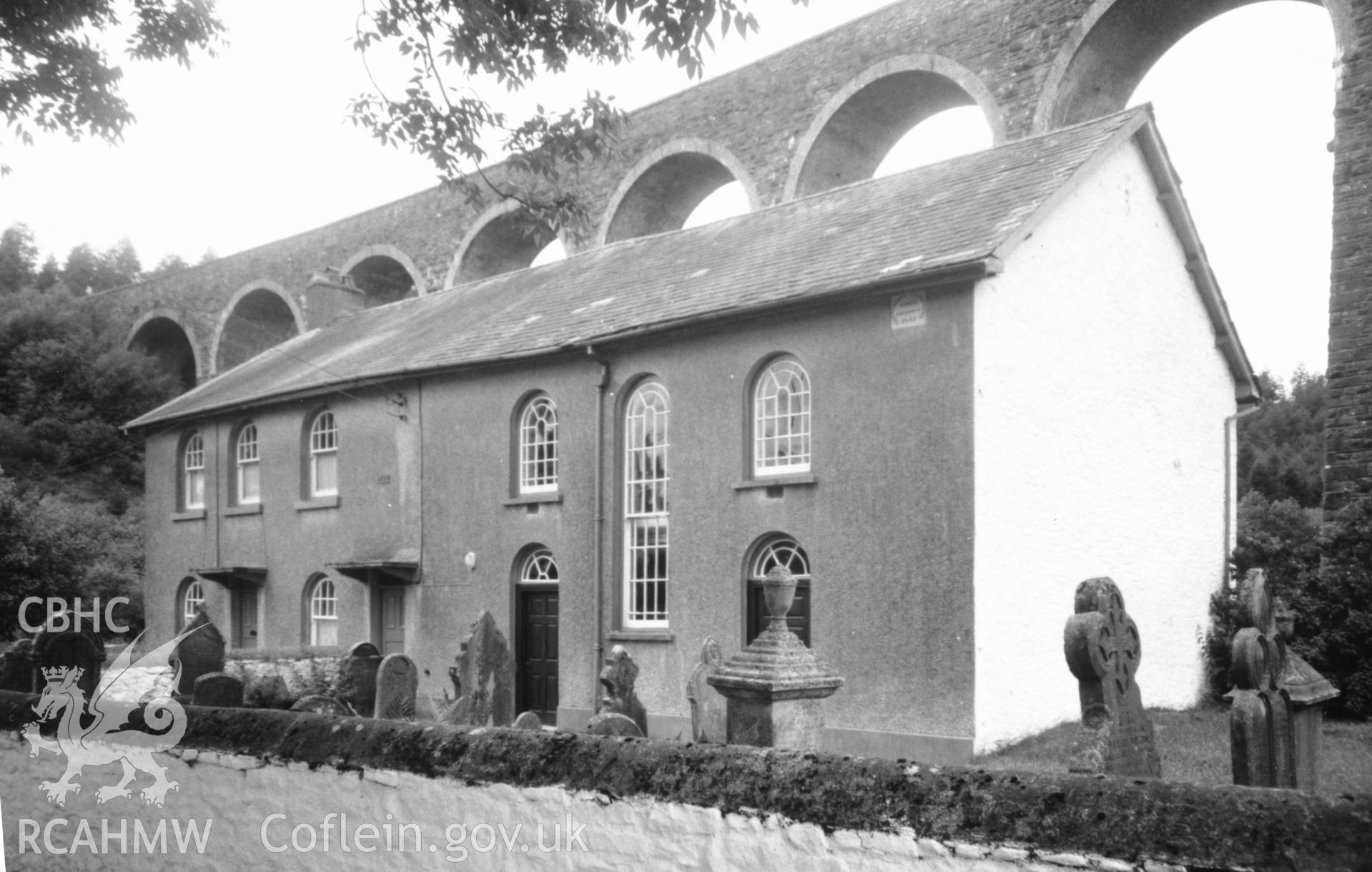Digital copy of a black and white photograph showing an exterior view of Gosen Calvinistic Methodist Chapel, Cynghordy, taken by Robert Scourfield, c.1996.