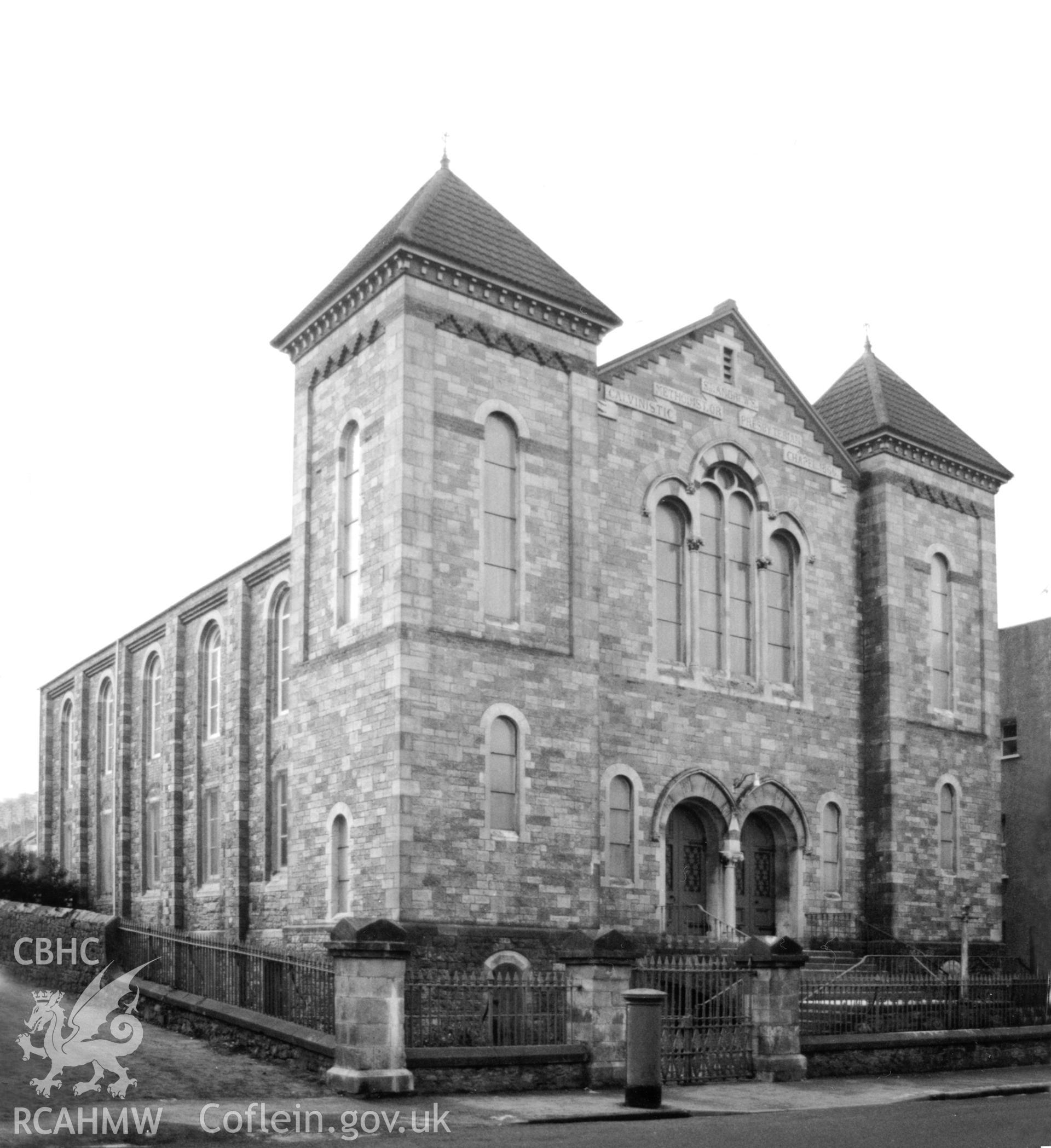Digital copy of a black and white photograph showing an exterior view of St Andrews English Presbyterian Church, Pembroke Dock,  Llangathen, taken by Robert Scourfield, c.1996.