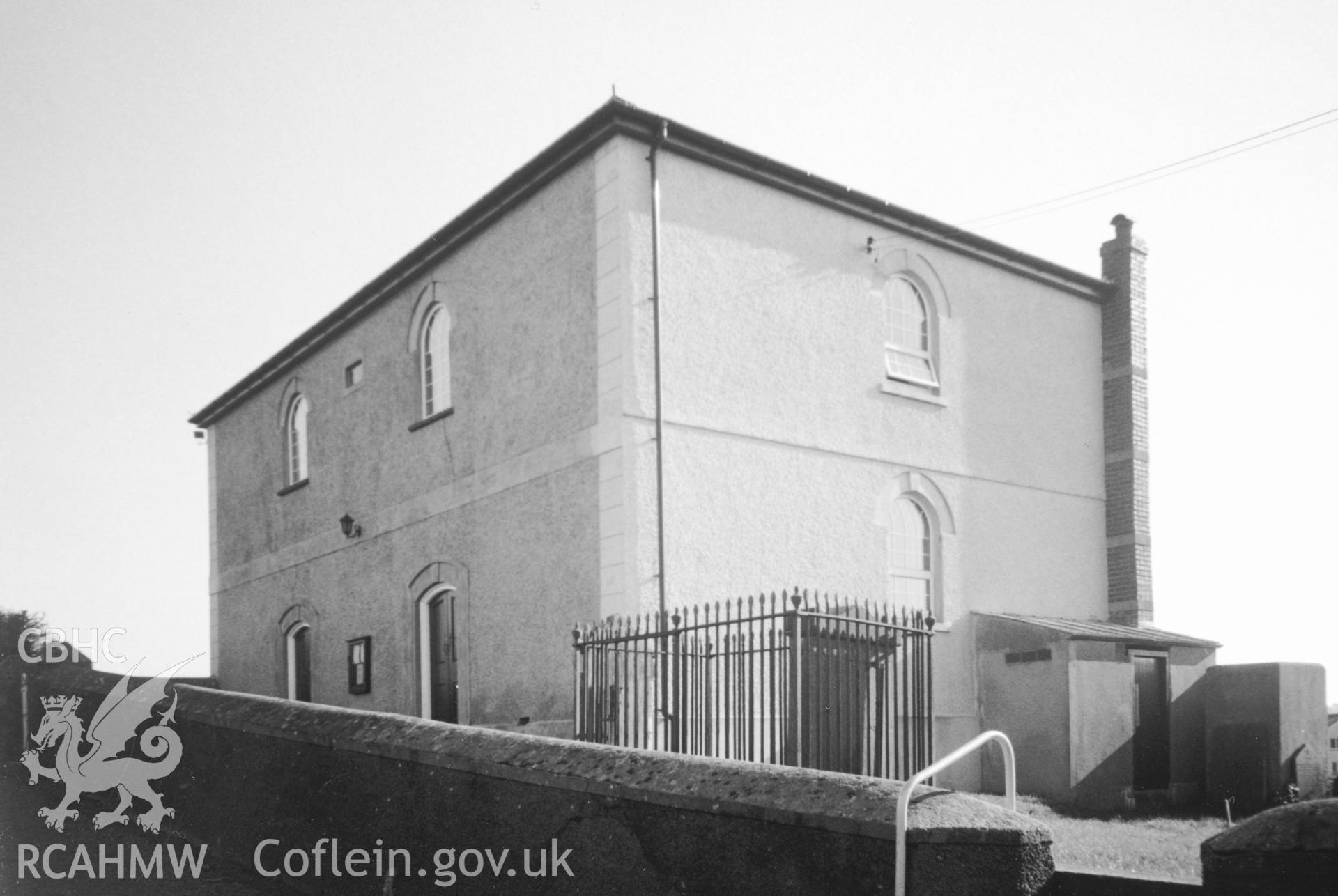 Digital copy of a black and white photograph showing an exterior view of Pen-y-graig Independent Chapel, Llandyfaelog, taken by Robert Scourfield, c.1996.
