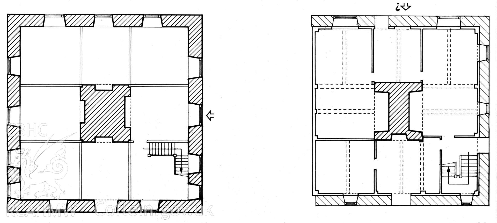 Part of multi site RCAHMW drawing showing plans of Cemmaes Bychan and Edwinsford House, part of  a multi-site drawing published in Houses of the Welsh Countryside, fig 131.
