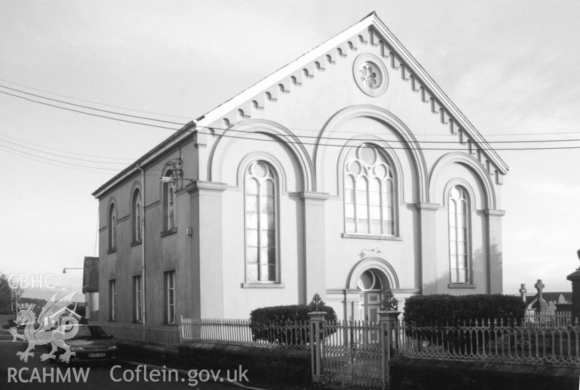 Digital copy of a black and white photograph showing an exterior view of Peniel Independent Chapel, Abergwili, taken by Robert Scourfield, 1996.