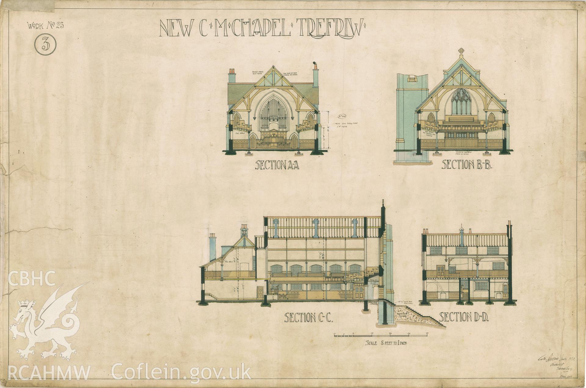 Digitized copy of a 1906 coloured drawing showing section views of Peniel Chapel, Trefriw produced by G. Dickens-Lewis, architect of Shrewsbury.