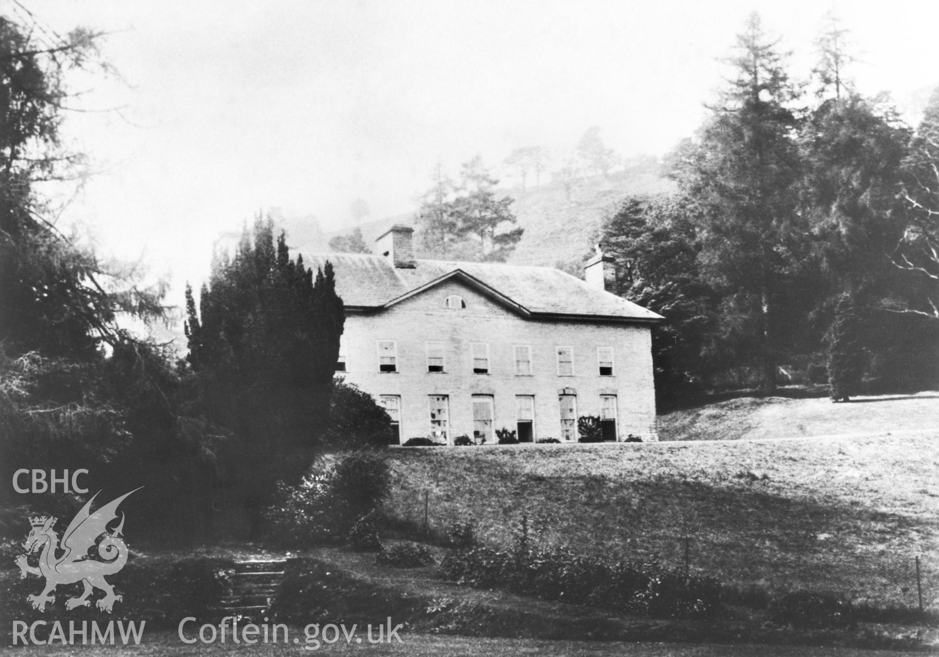 Nant Gwyllt House, Radnorshire; black and white photograph copied from an undated print loaned for copying by Thomas Lloyd, showing the house prior to the construction of the reservoir.