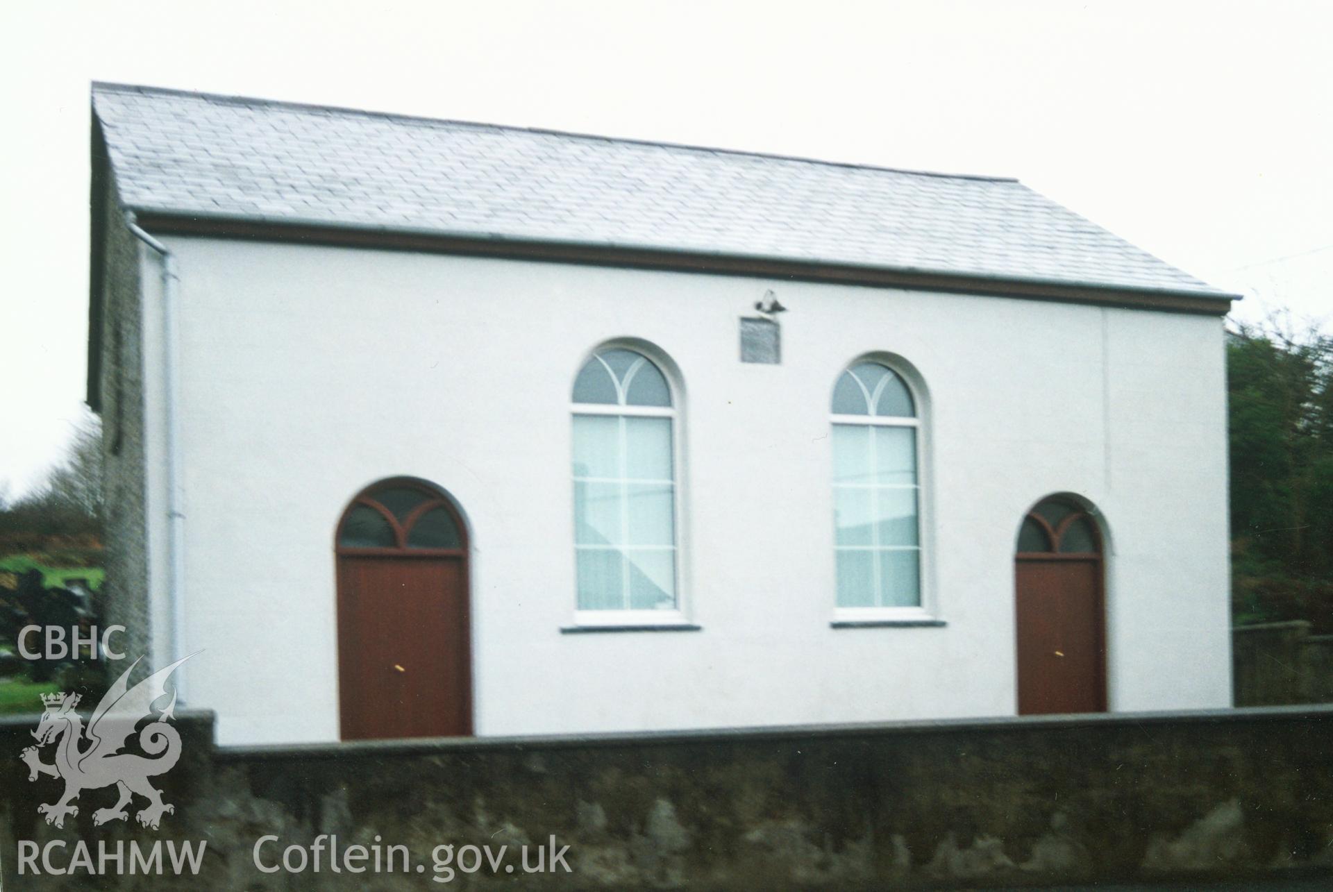 Digital copy of a colour photograph showing an exterior view of Cribyn Welsh Unitarian Chapel, taken by Robert Scourfield, c.1996.