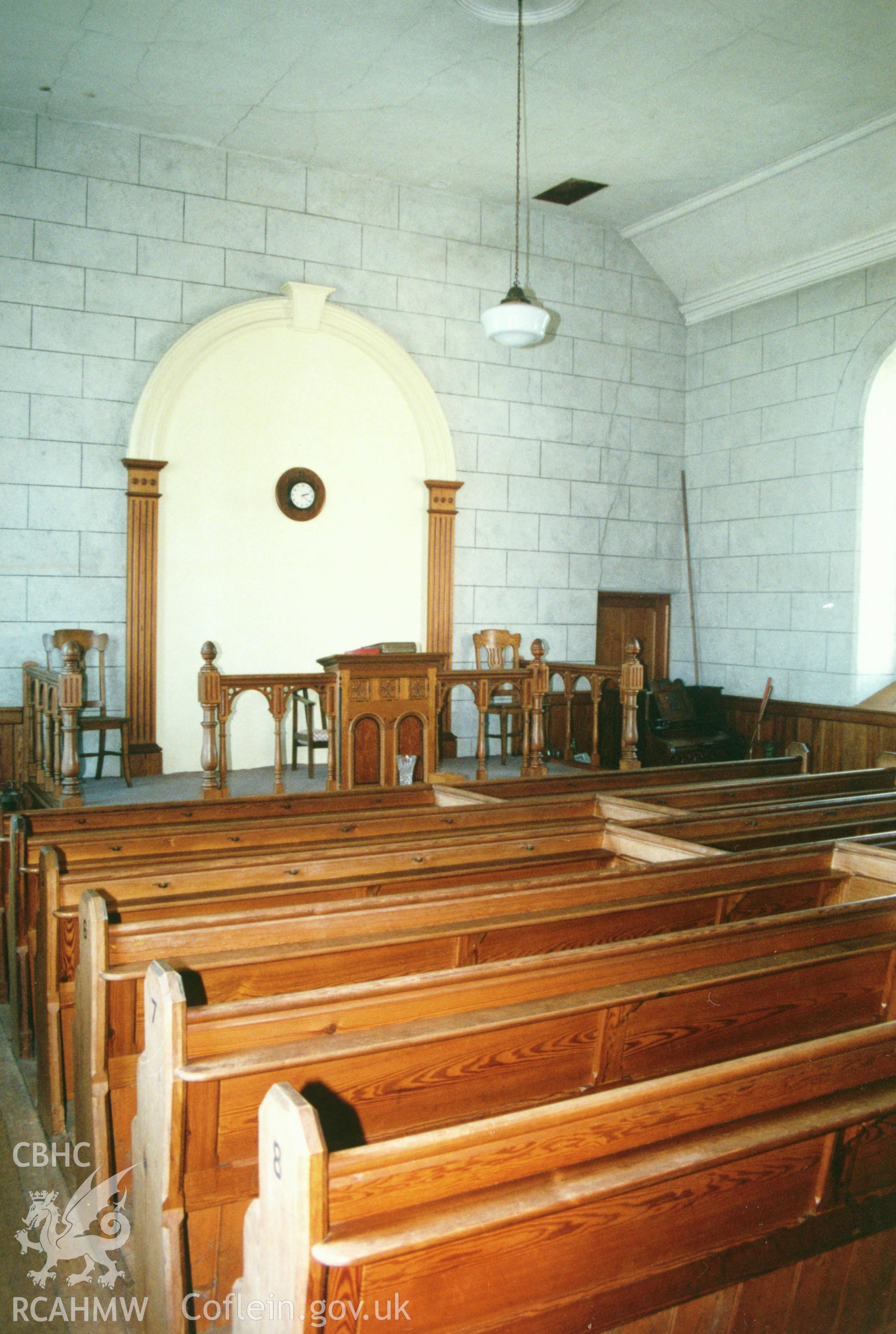 Digital copy of a colour photograph showing an interior view of Salem Baptist Chapel. Llanrhystud, taken by Robert Scourfield, c.1996.