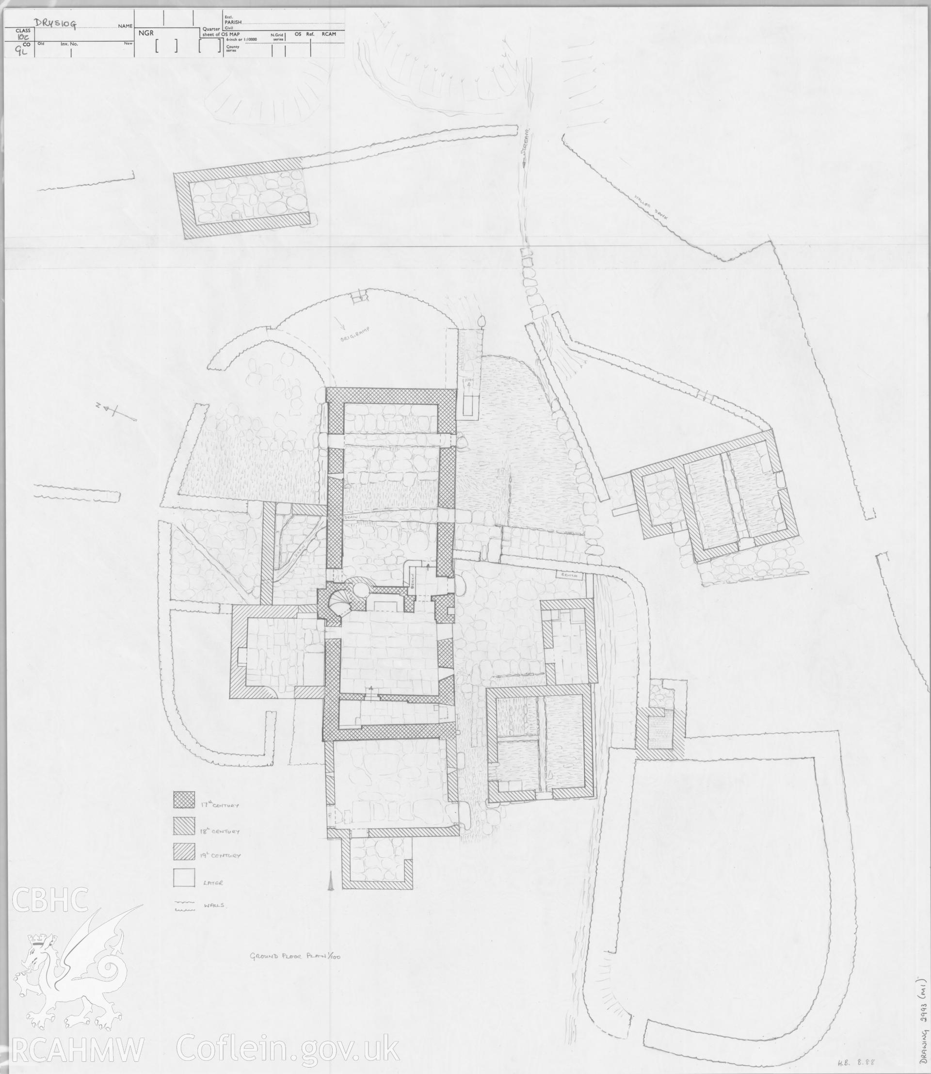 RCAHMW drawing by Harry Brooksby, showing plan of Drysiog, near Bryn, Glamorgan.