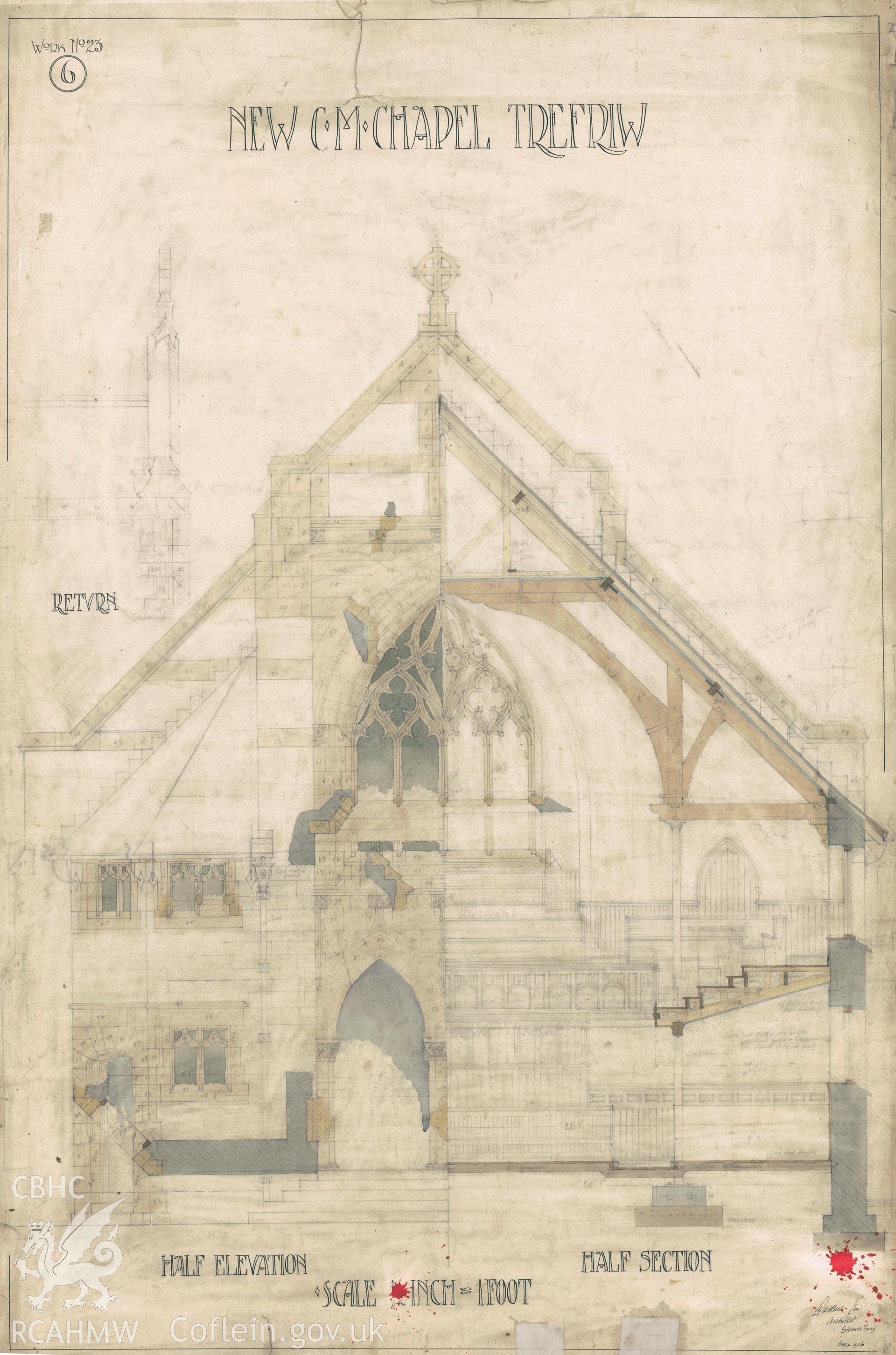 Digitized copy of a 1906 coloured drawing showing half section and half elevation view of Peniel Chapel, Trefriw produced by G. Dickens-Lewis, architect of Shrewsbury.