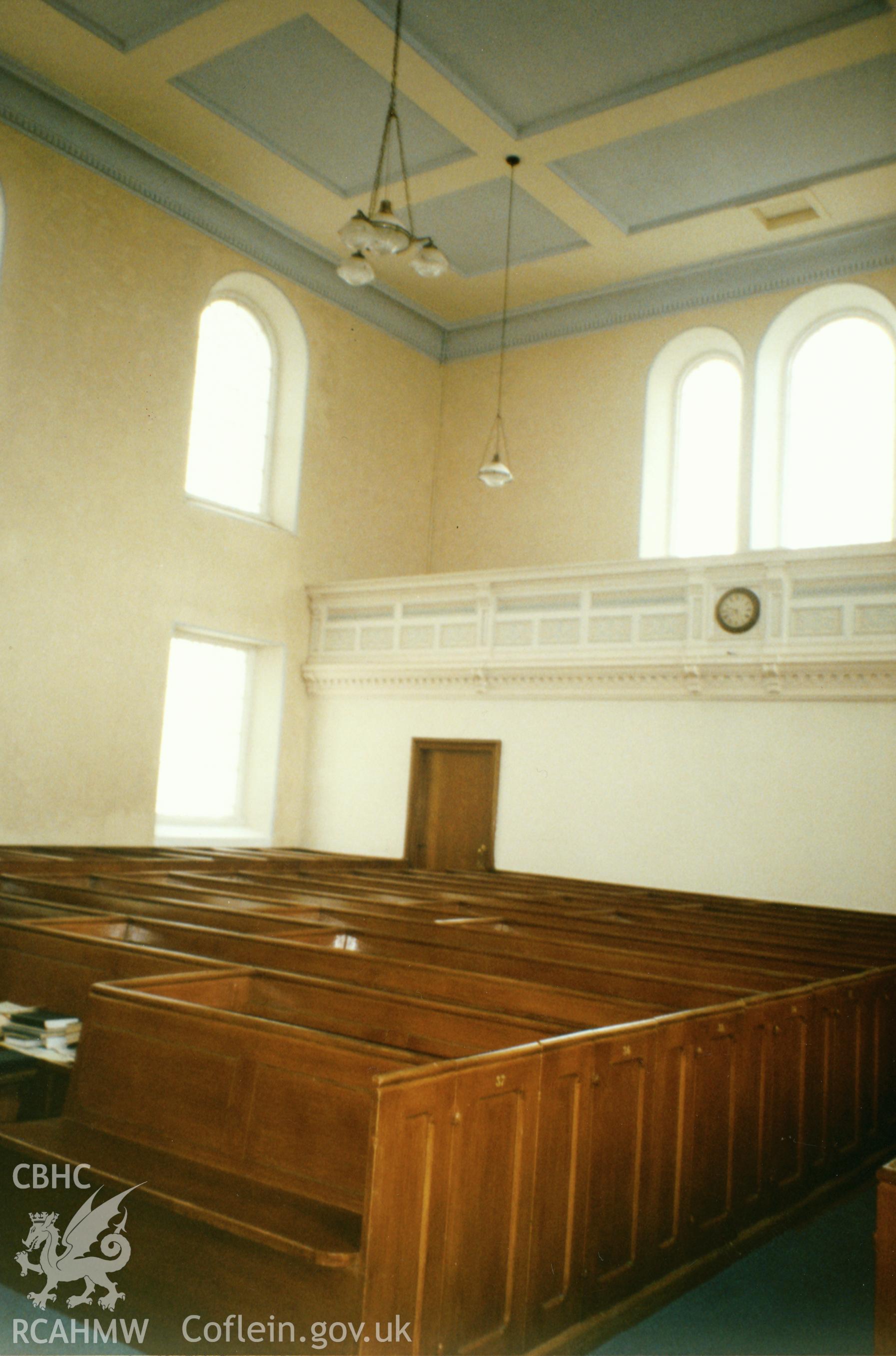 Digital copy of a colour photograph showing an interior view of the Zion English Presbyterian Church, Carmarthen, taken by Robert Scourfield, c.1996.