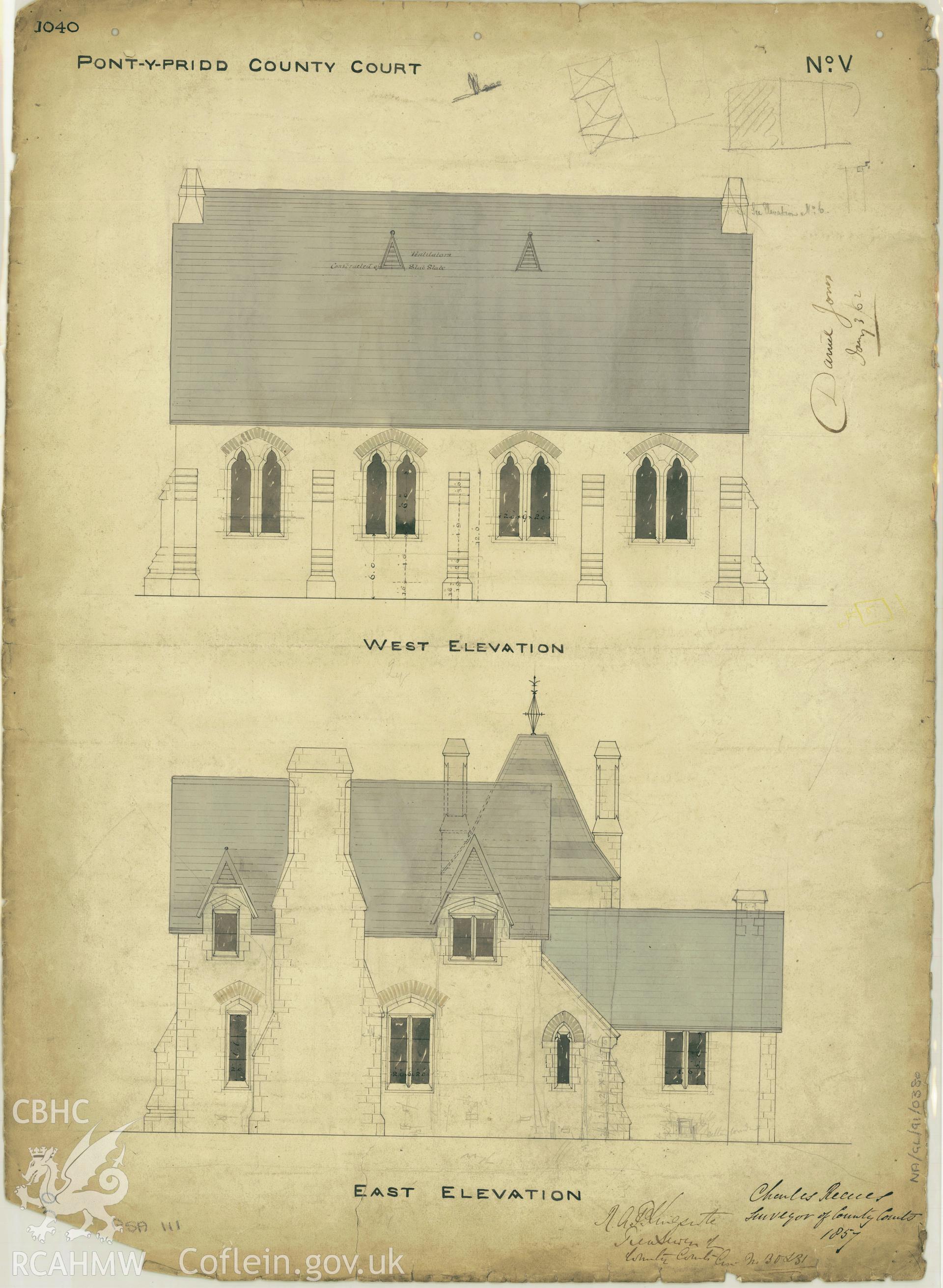 Court House, Pontypridd;  measured drawing showing west and east elevation views, produced by Charles Reeves for H.M. Office of Works, 1857.