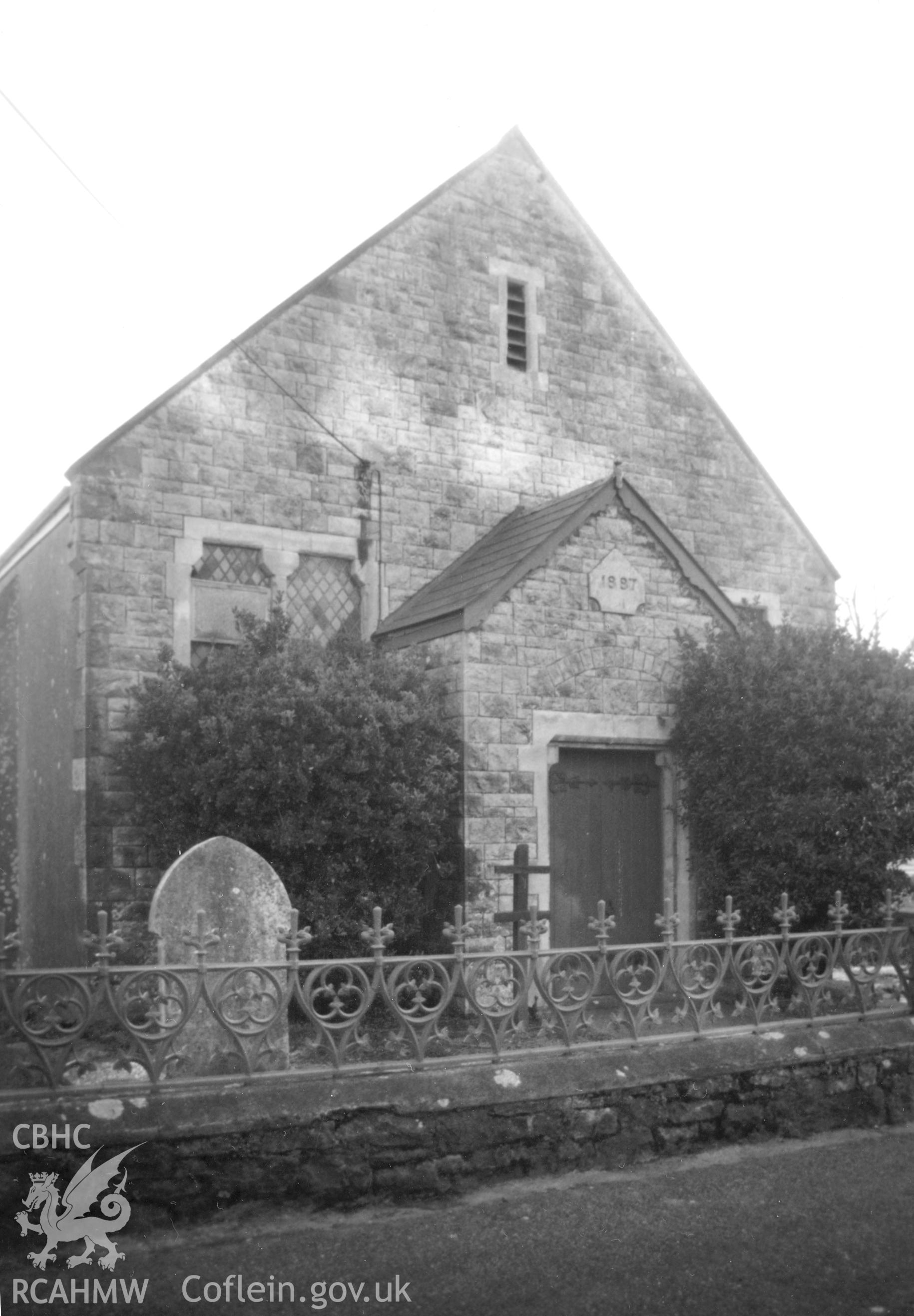 Digital copy of a black and white photograph showing an exterior view of Penally Congregational Chapel,  taken by Robert Scourfield, c.1996.