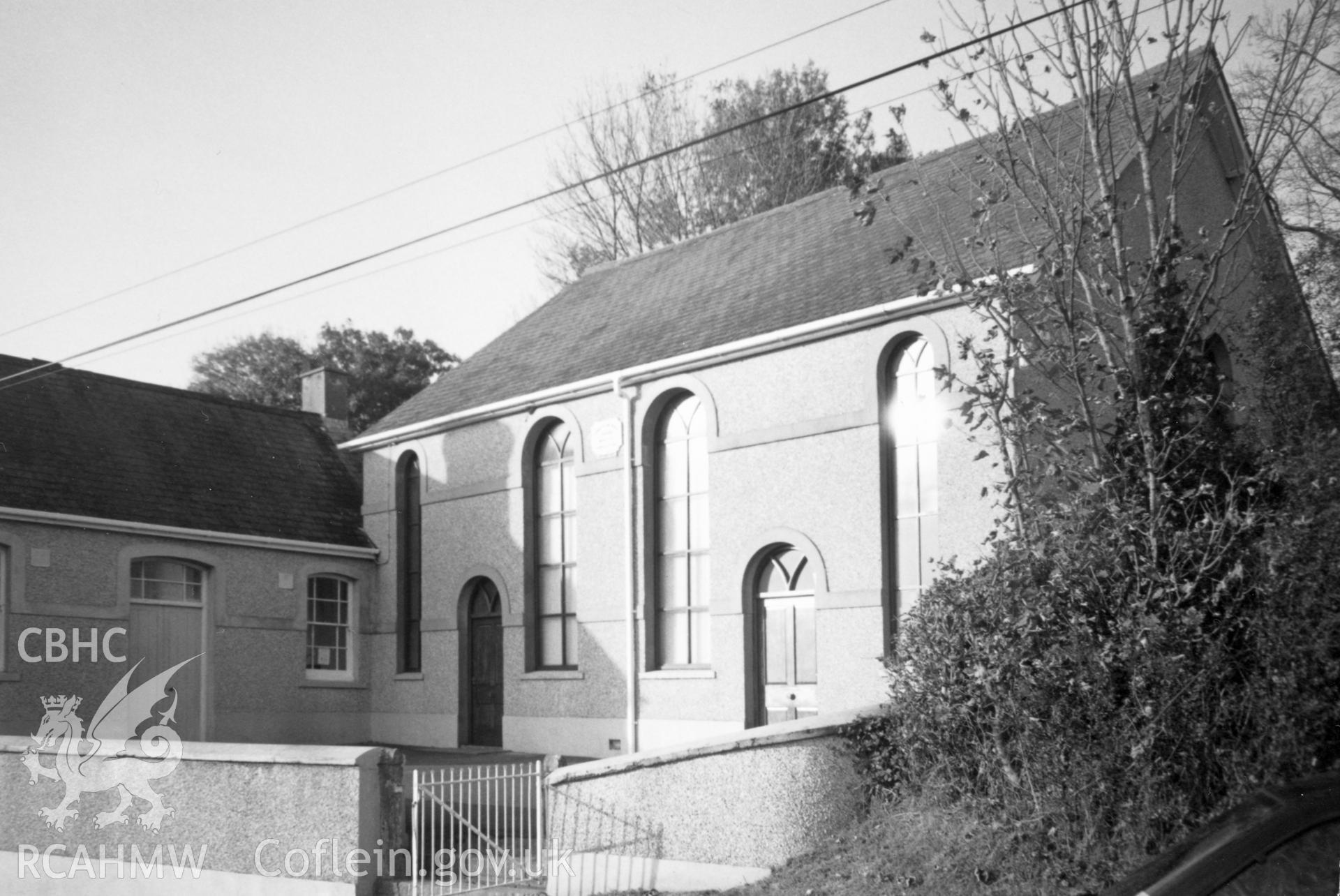 Digital copy of a black and white photograph showing an exterior view of Cross Inn Welsh Calvinistic Methodist Chapel,  Court Henry, taken by Robert Scourfield, c.1996.