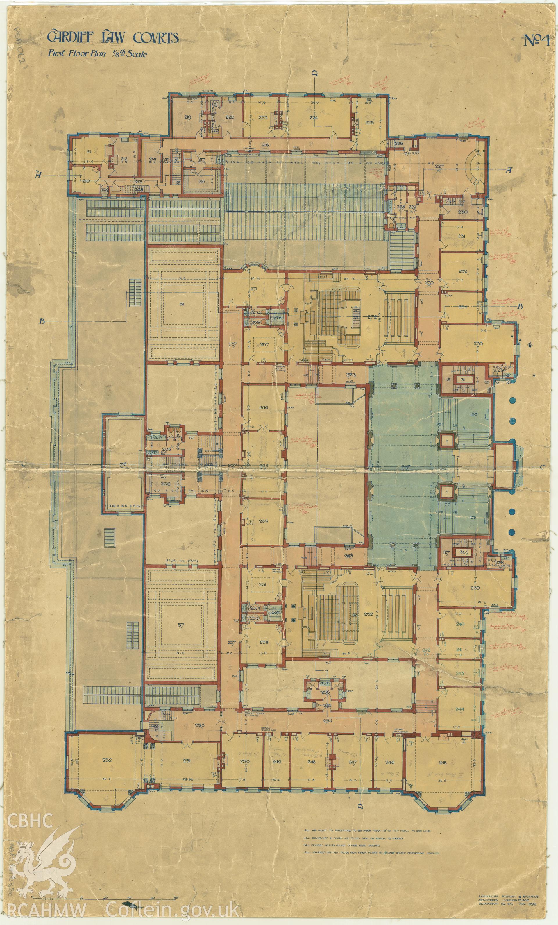 Law Court, Cathays Park, Cardiff; measured drawing showing first floor plan, produced by Lanchester Stewart and Rickards, 1899.