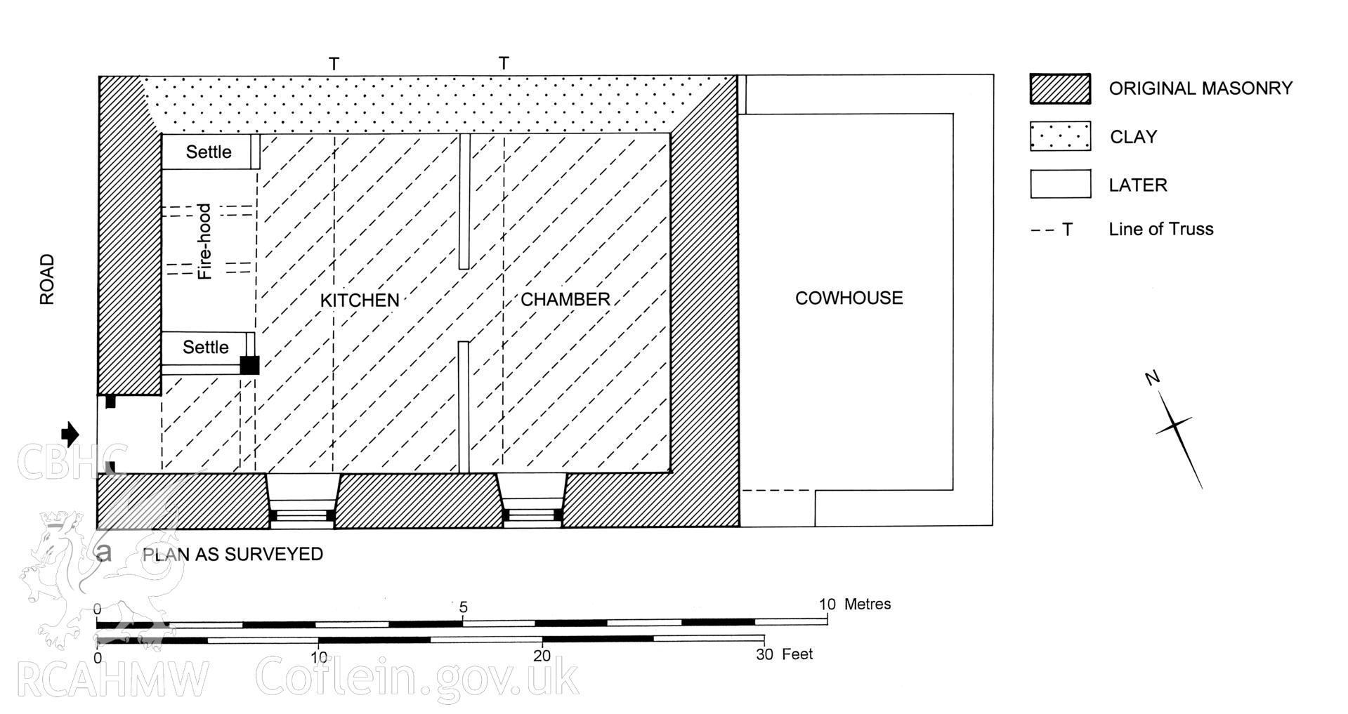 Pen-lon, Llanfihangel Ystrad; measured plan produced by C.W. Green, RCAHMW, March 2006