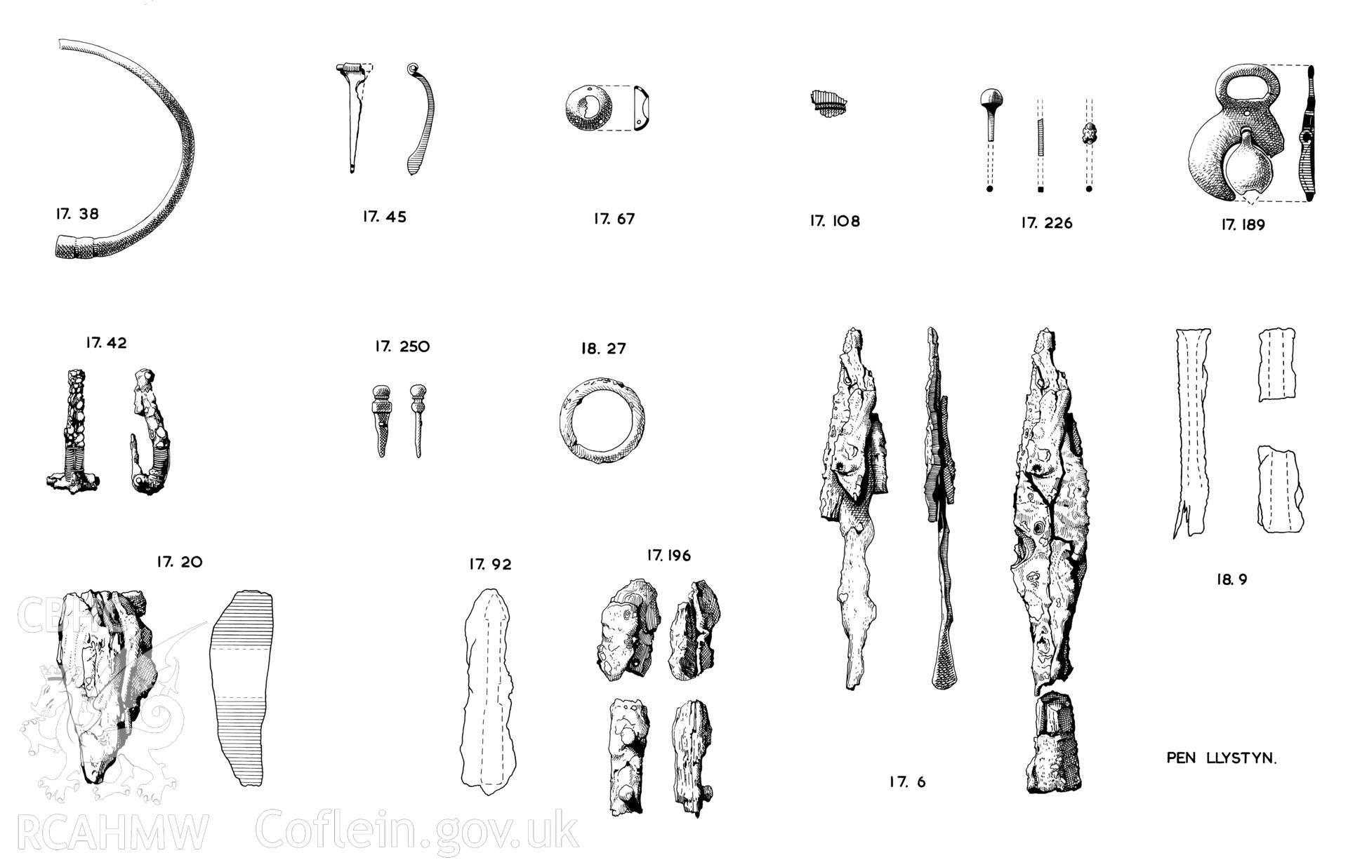 RCAHMW drawing (ink on linen) showing detail of small finds discovered at Pen Llystyn, Dolbenmaen.
