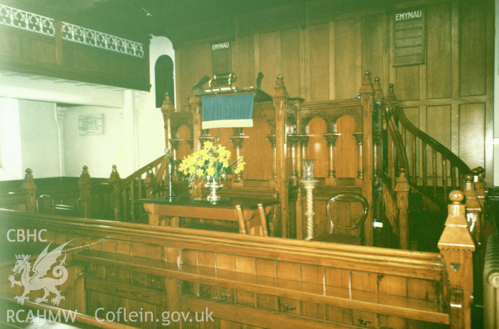 Digital copy of a colour photograph showing an interior view of Welsh Independent Chapel, Priory Street, Carmarthen, taken by Robert Scourfield, undated.
