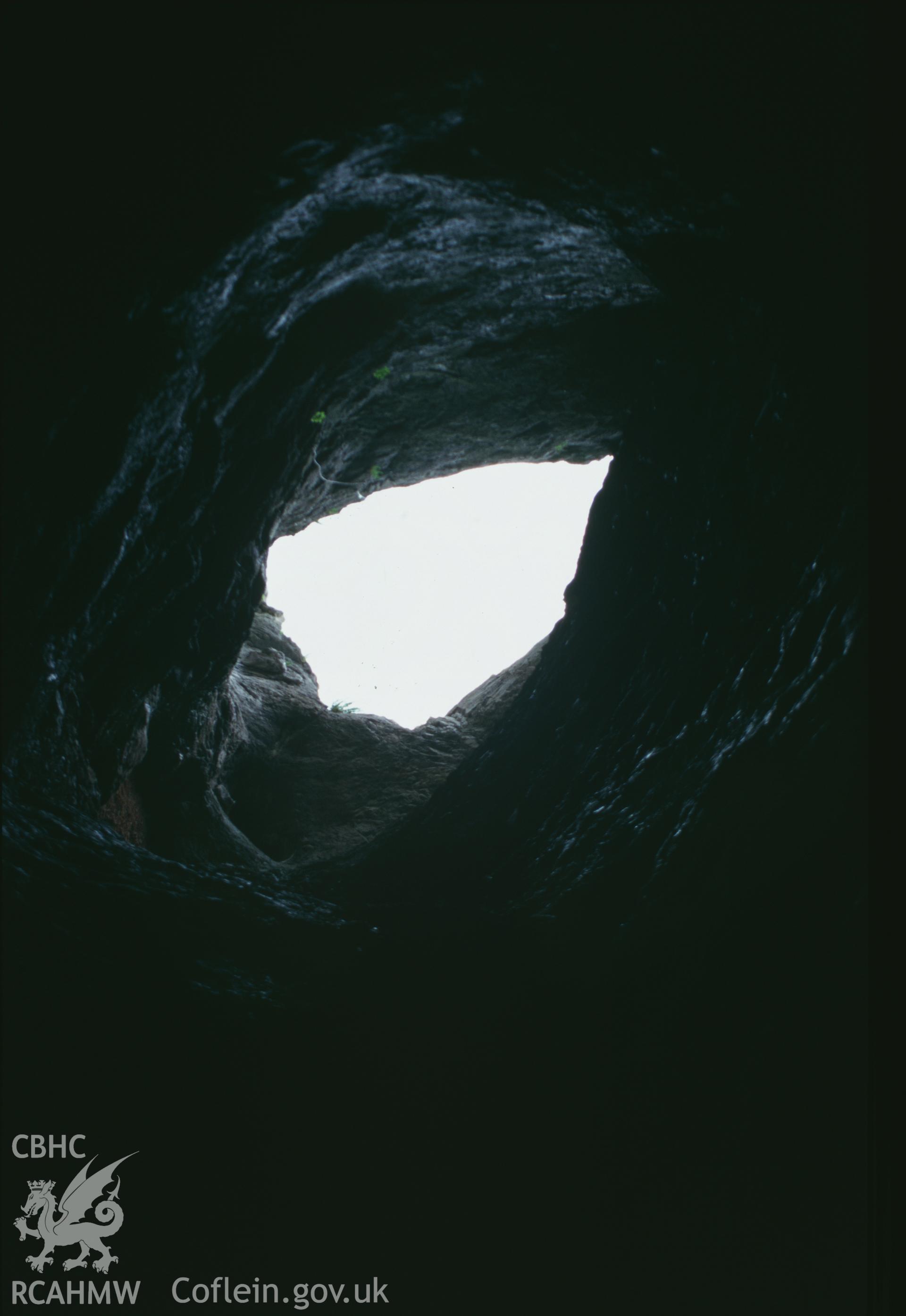 Goat's Hole Cave, Paviland; colour slide showing view from within the cave, taken by David Leighton, 1997.