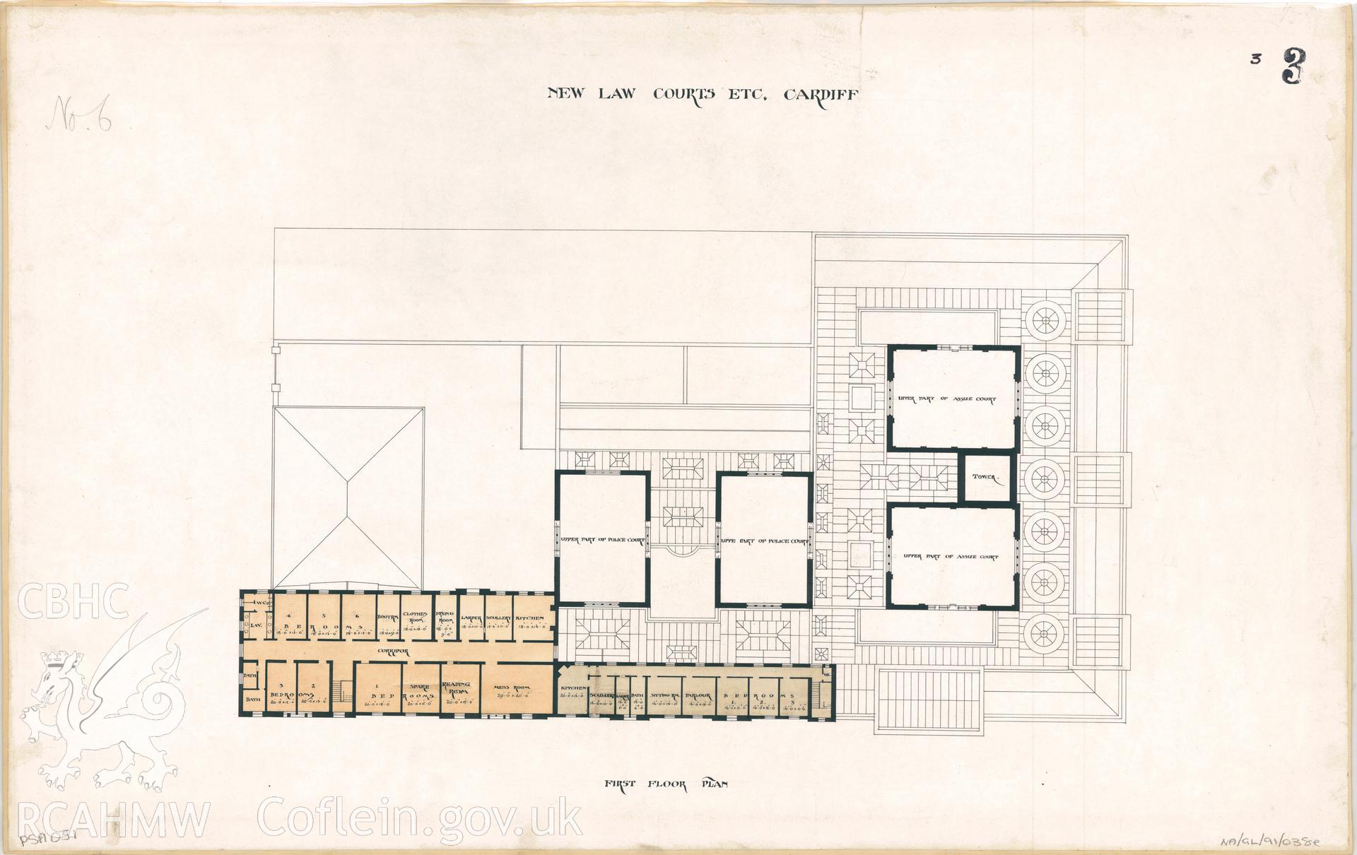 Law Court, Cathays Park, Cardiff; measured drawing showing proposed first floor plan submitted as  an entry in the 1897 competition to produce a design for the new Law Court.