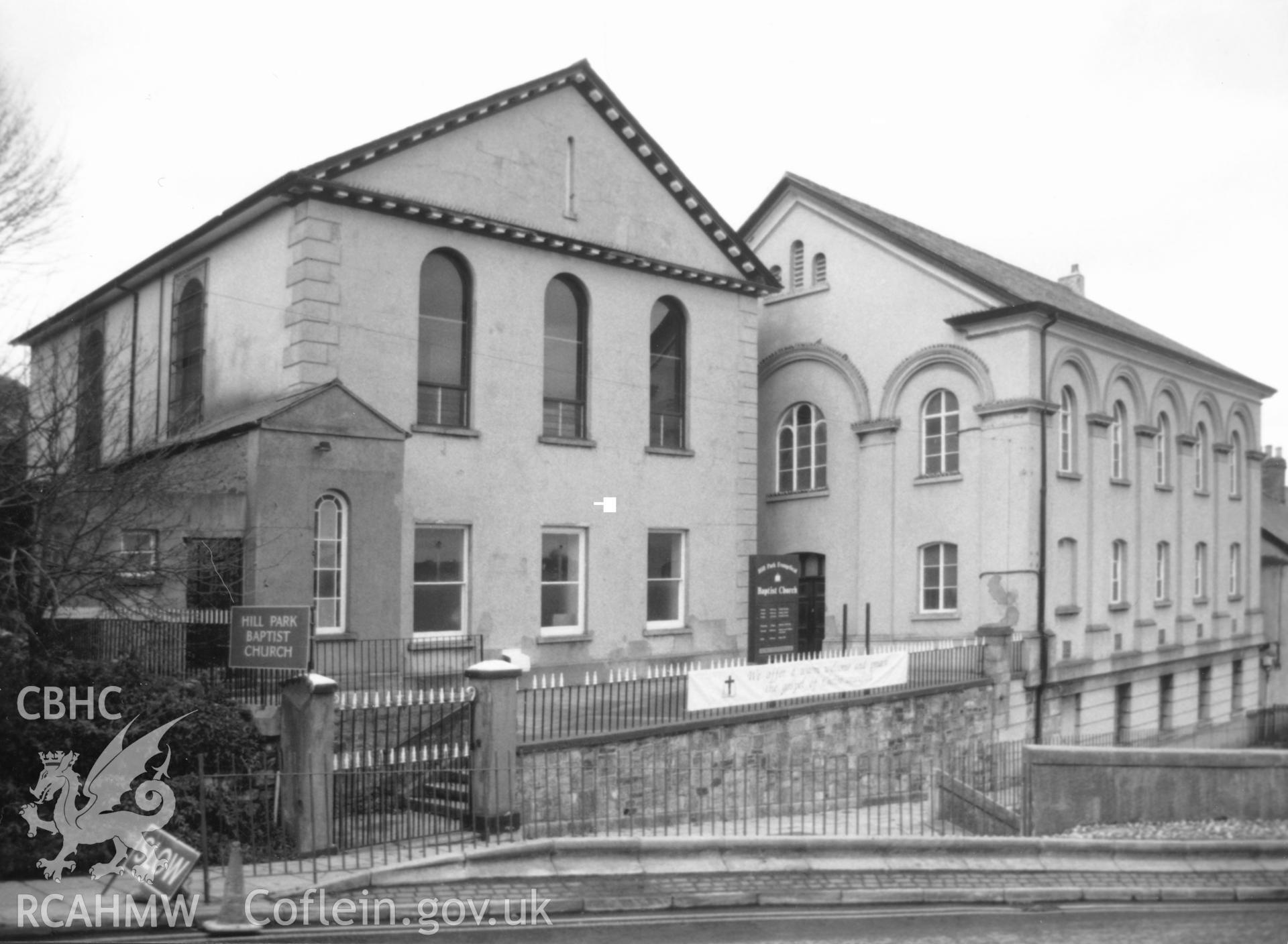 Digital copy of a black and white photograph showing an exterior view of Hill Park Baptist Chapel, Haverfordwest, taken by Robert Scourfield, 1996.