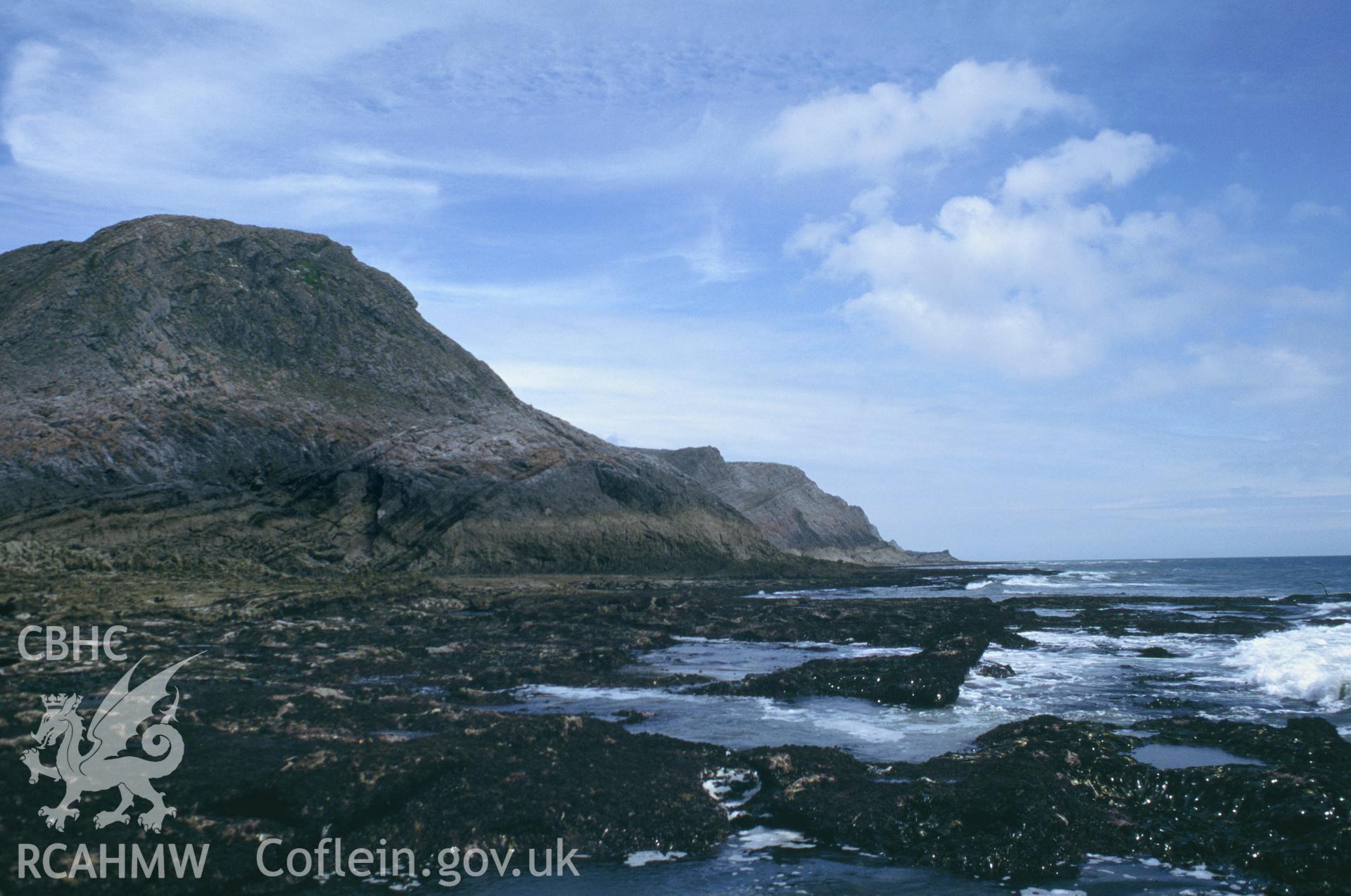 Goat's Hole Cave Paviland; colour slide showing view of coastline, taken by David Leighton, 1997.