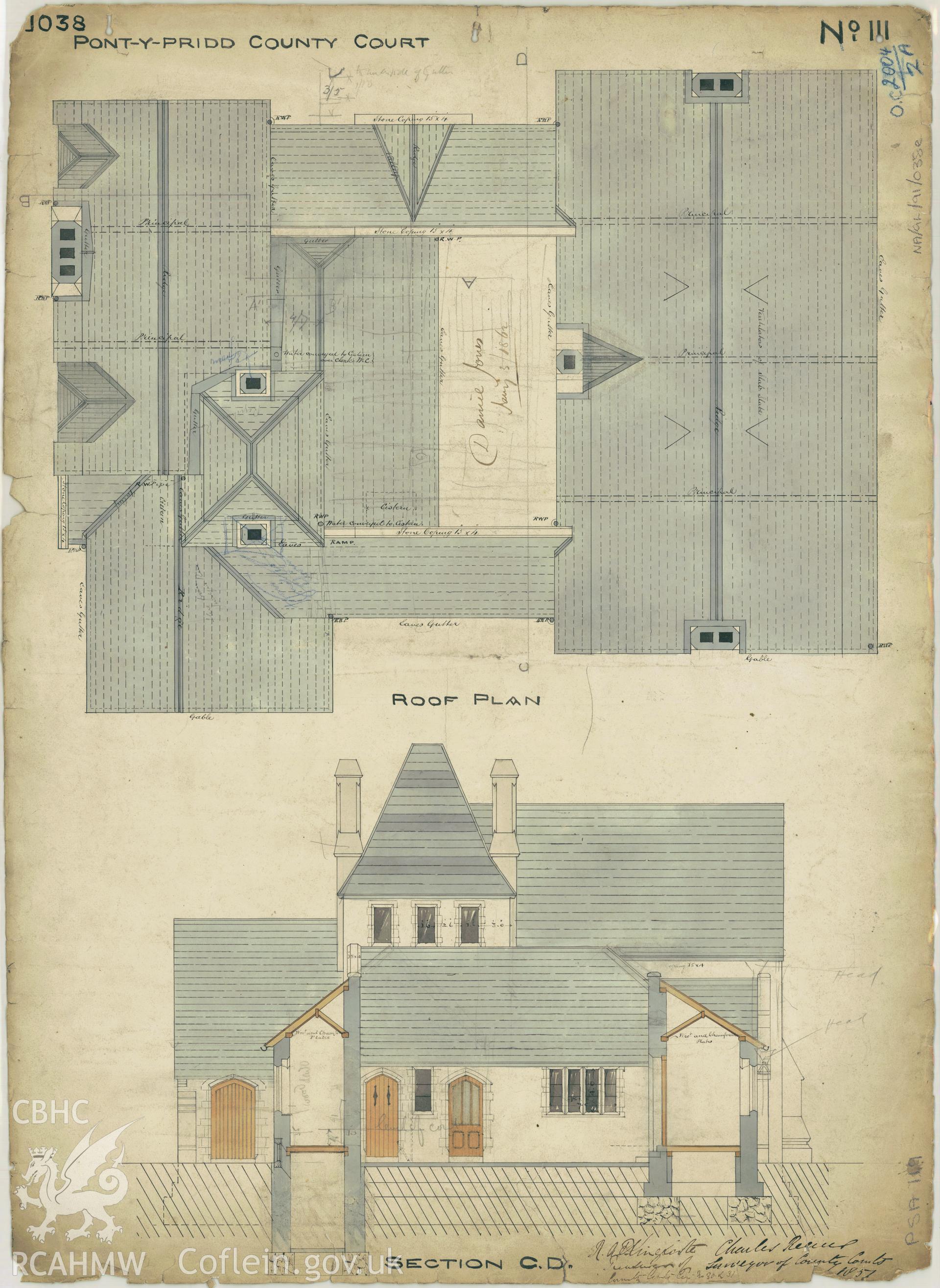 Court House, Pontypridd;  measured drawing showing section view and roof plan, produced by Charles Reeves for H.M. Office of Works, 1857.