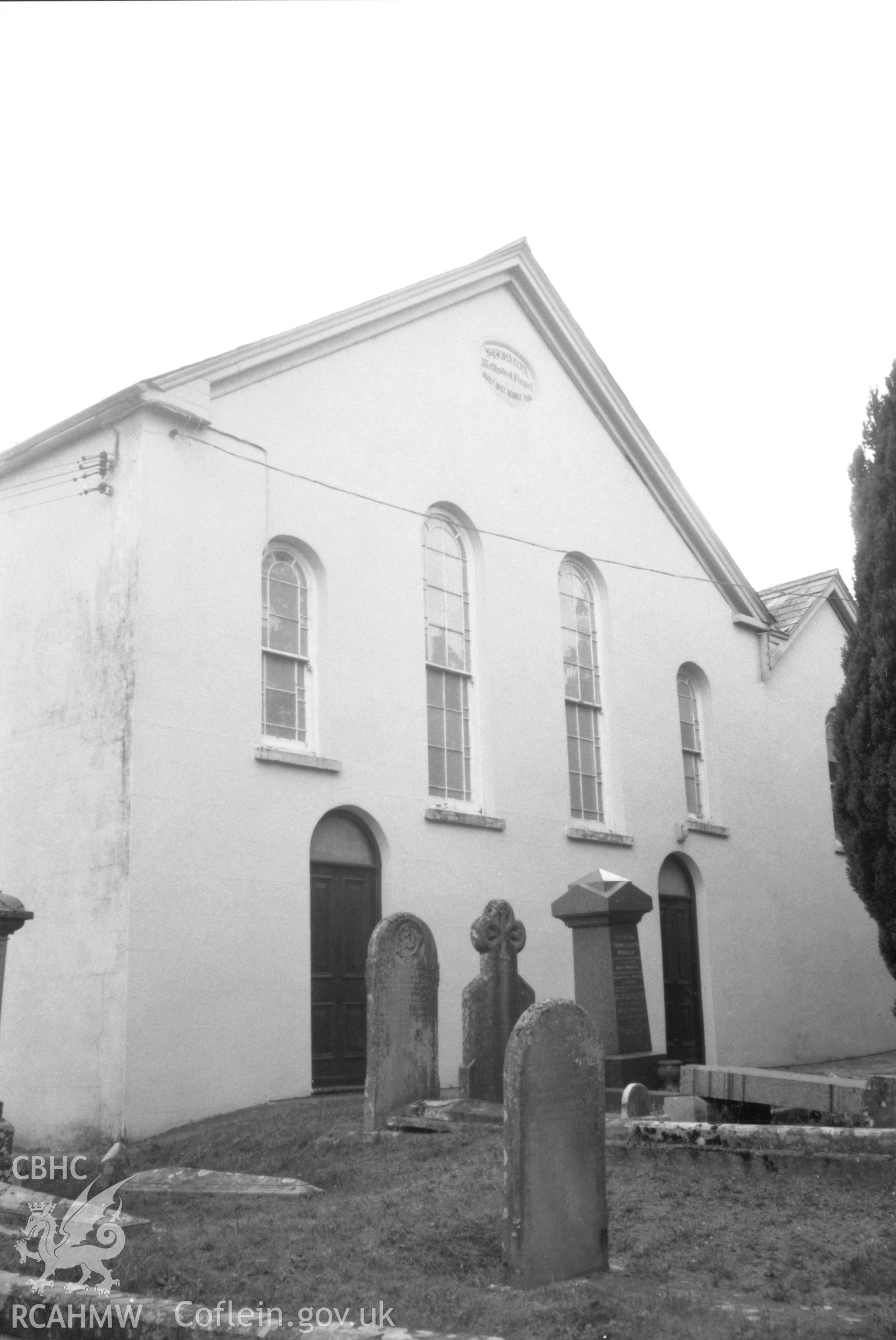 Digital copy of a black and white photograph showing an exterior view of Bethania Chapel, Myddfai, taken by Robert Scourfield, 1996.