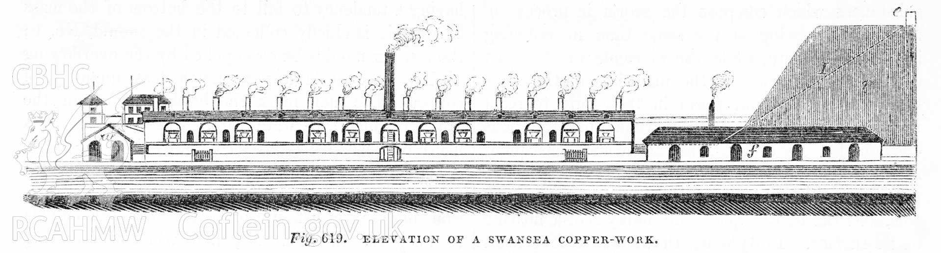 Digitized image of a drawing of the elevation of Swansea Copperworks. Fig 619 from Tomlinson's 'Cyclopedia of Useful Arts, Manufacturing, Mining and Engineering' Vol I.