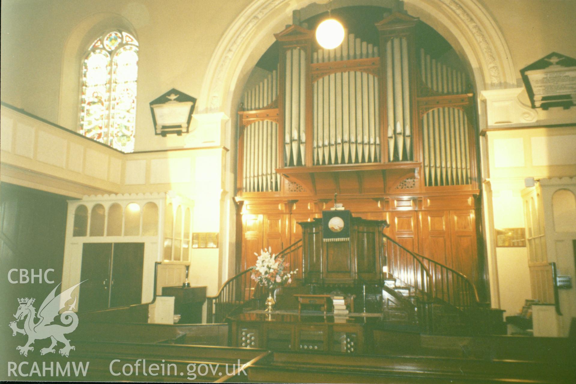 Digital copy of a colour photograph showing an interior view of Capel Heol y Dwr, Carmarthen, taken by Robert Scourfield, undated.