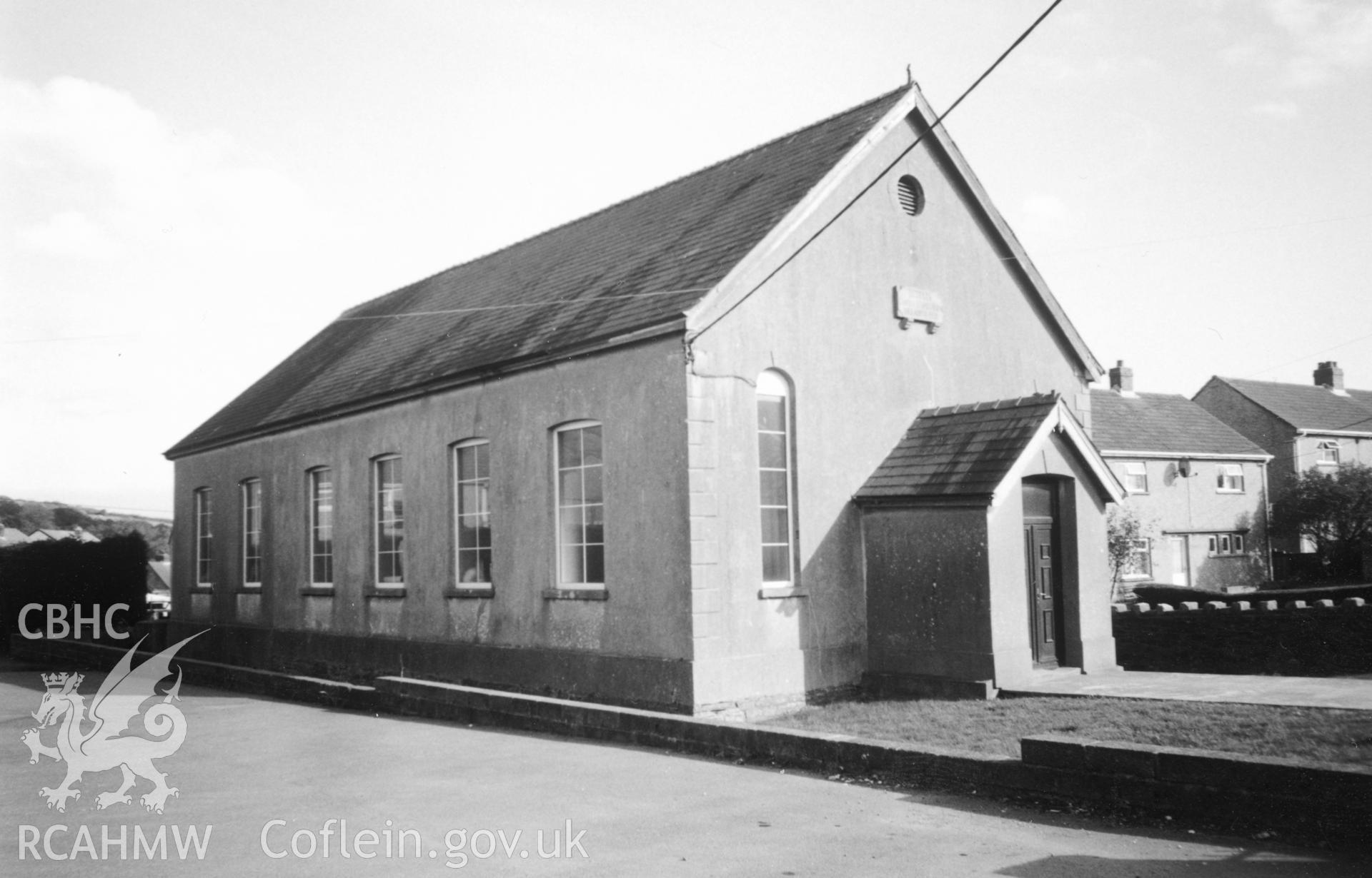 Digital copy of a black and white photograph showing an exterior view of Hebron Welsh Independent Chapel,  Drefach, taken by Robert Scourfield, c.1996.